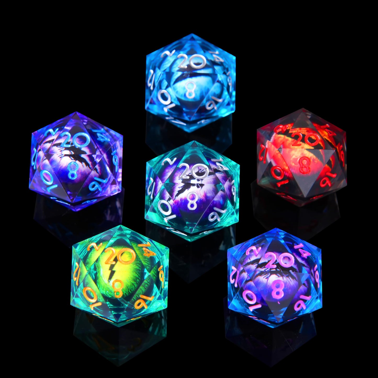 FTNNGIME 6-Piece Dragon Eye D20 Dice Set – Liquid Core 22mm Resin D&D Dice, Sharp Edge, Colorful 20-Sided Dice