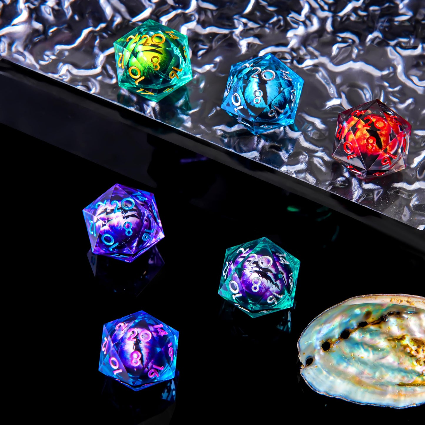 FTNNGIME 6-Piece Dragon Eye D20 Dice Set – Liquid Core 22mm Resin D&D Dice, Sharp Edge, Colorful 20-Sided Dice