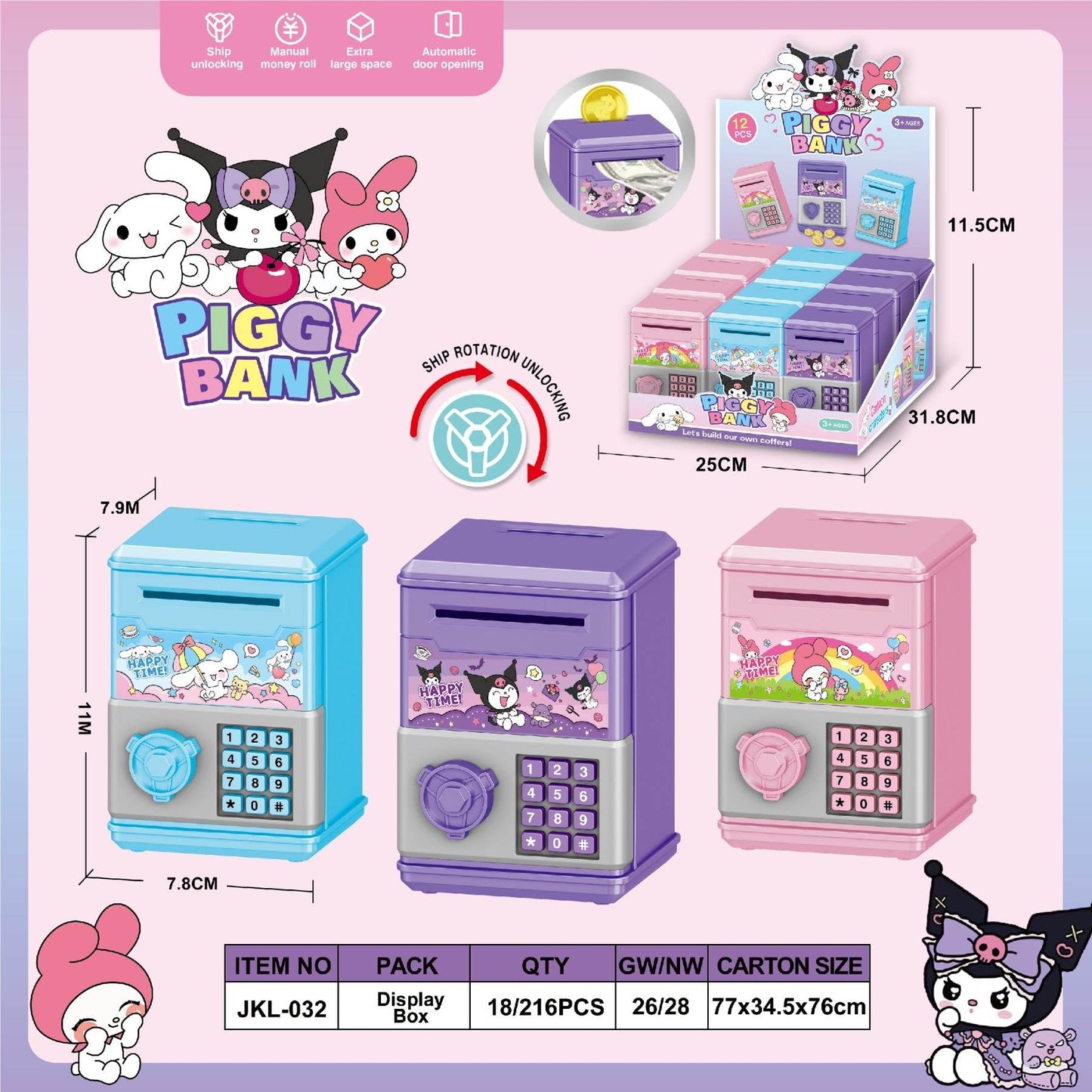 FUAN Kawaii Mini Piggy Bank — ATM-Style Kids Savings Box (kurom)