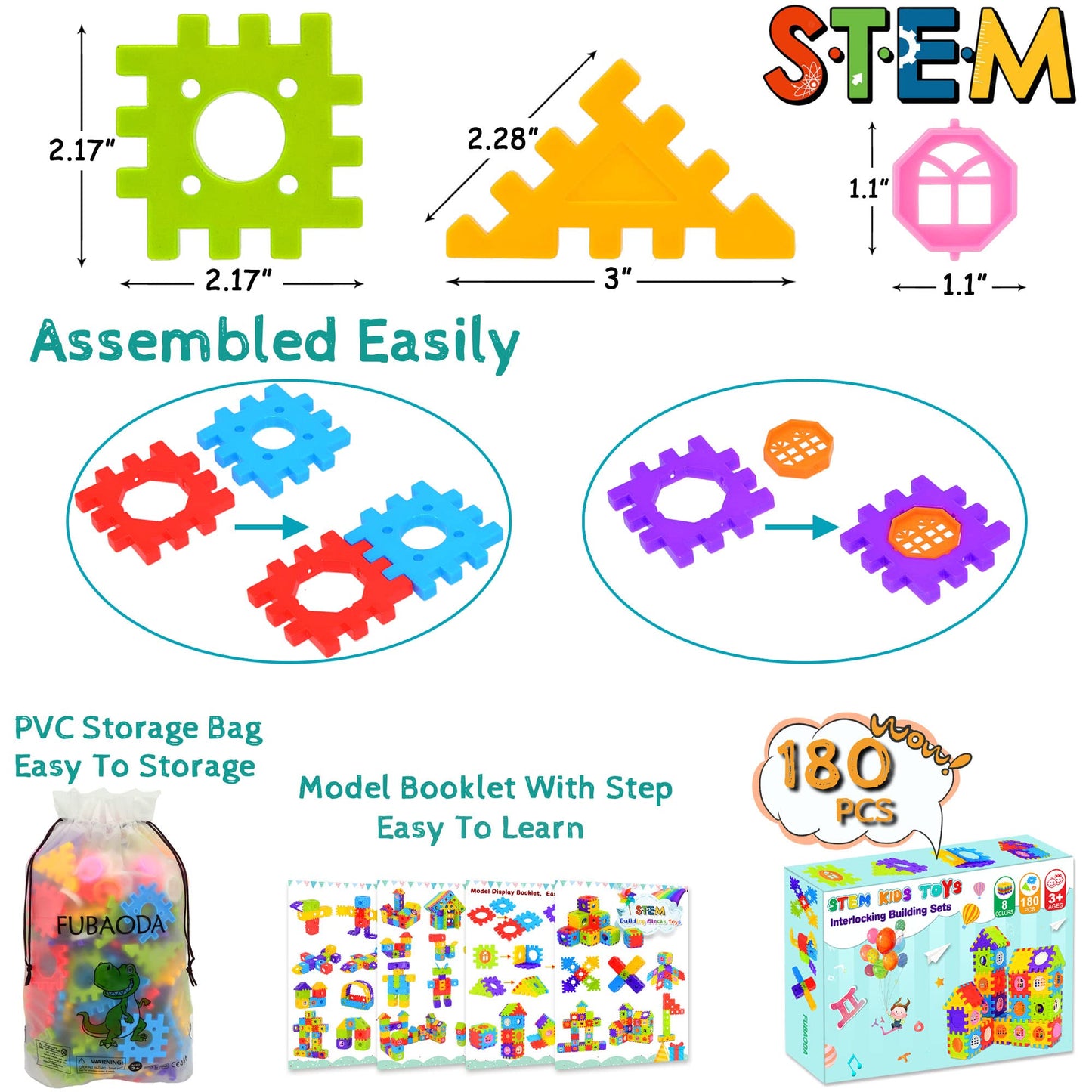 FUBAODA 180-Piece Building Blocks for Toddlers & Kids – STEM Interlocking Blocks