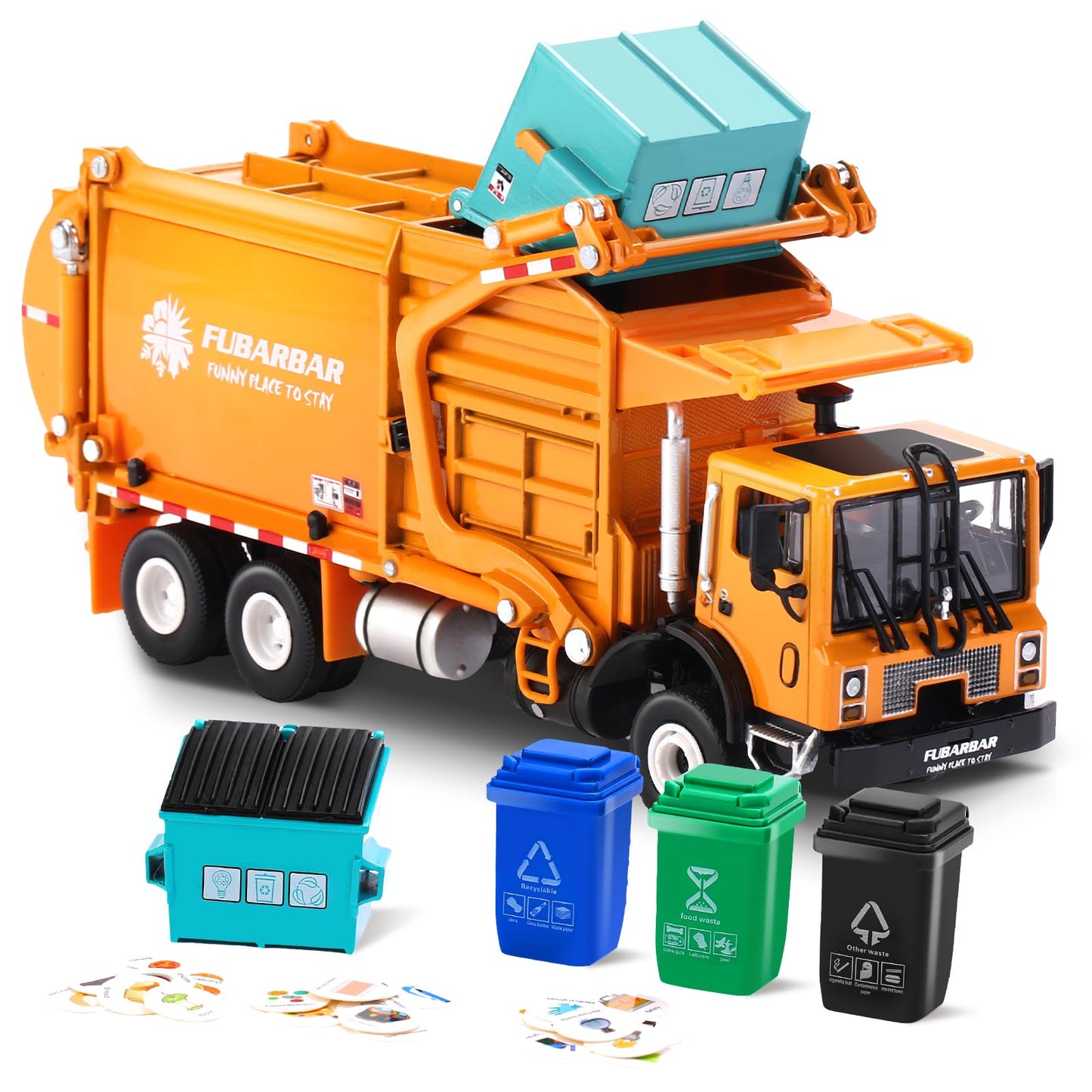 FUBARBAR Metal 1:43 Diecast Garbage Truck Toy – Pull Back, Orange