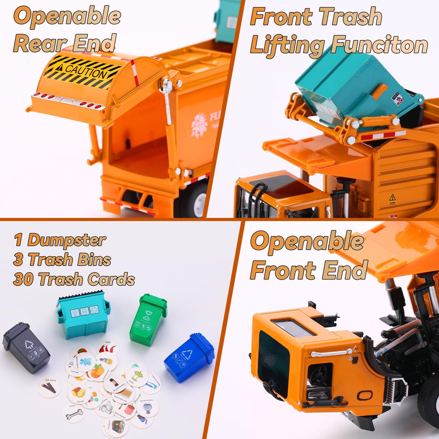 FUBARBAR Metal 1:43 Diecast Garbage Truck Toy – Pull Back, Orange