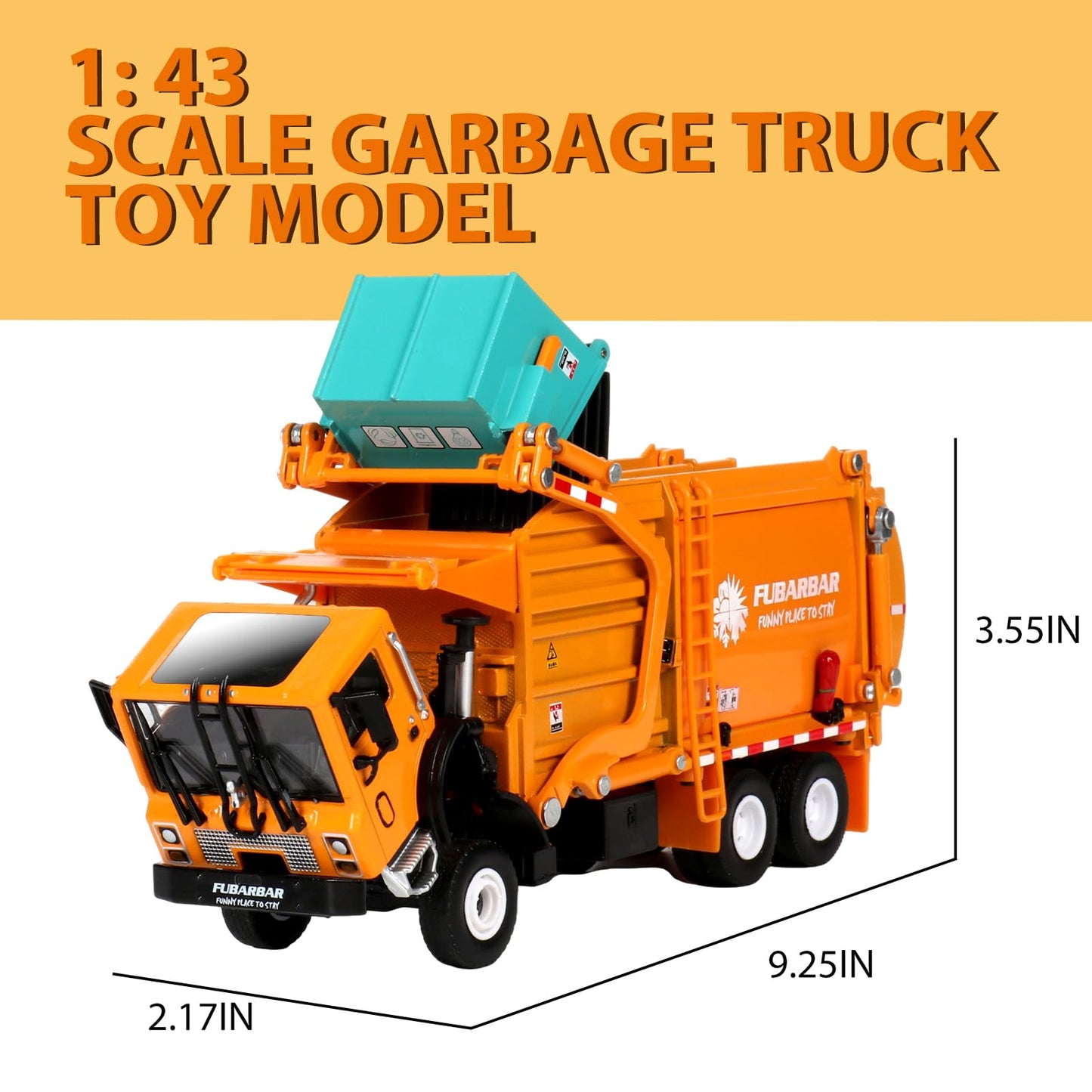 FUBARBAR Metal 1:43 Diecast Garbage Truck Toy – Pull Back, Orange