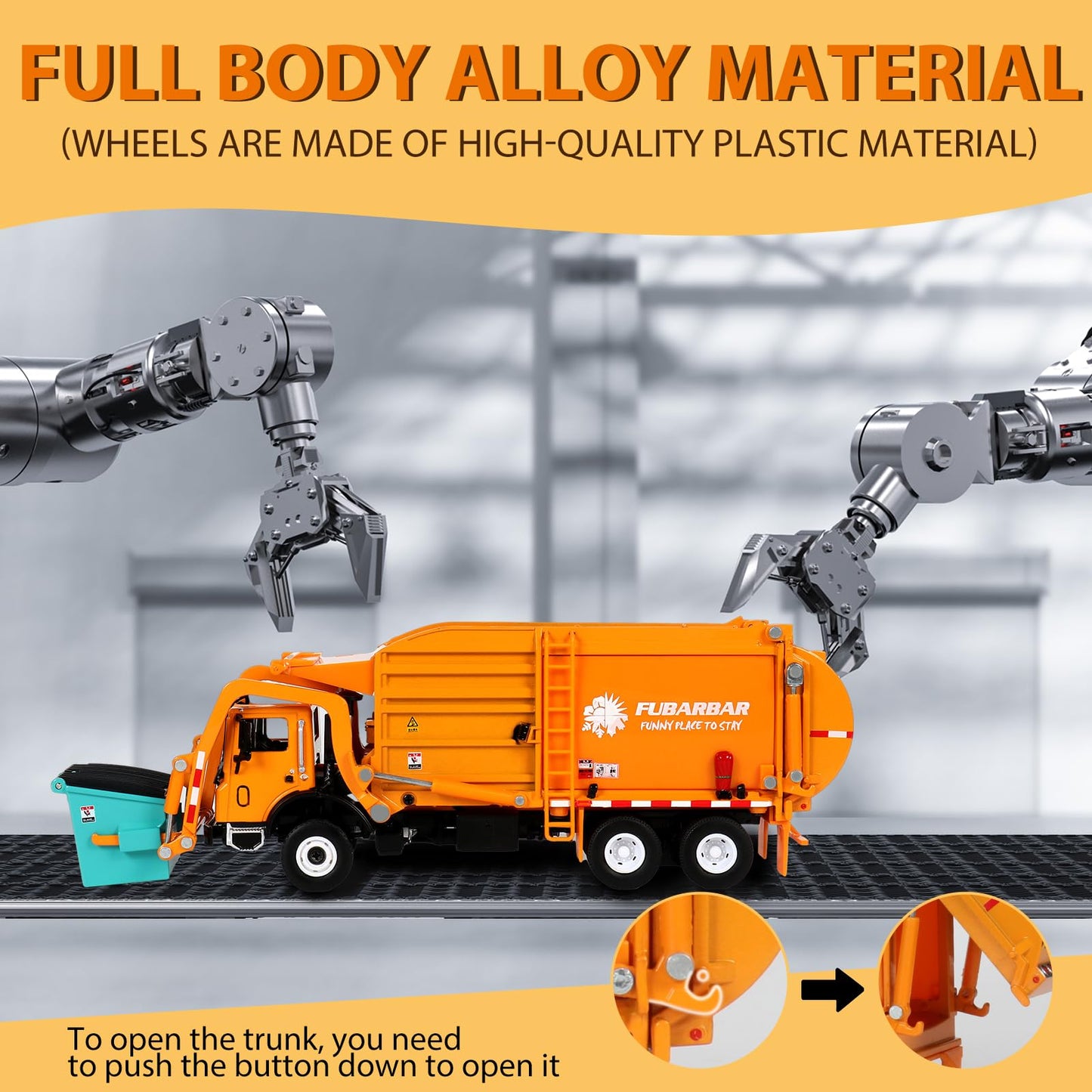 FUBARBAR Metal 1:43 Diecast Garbage Truck Toy – Pull Back, Orange