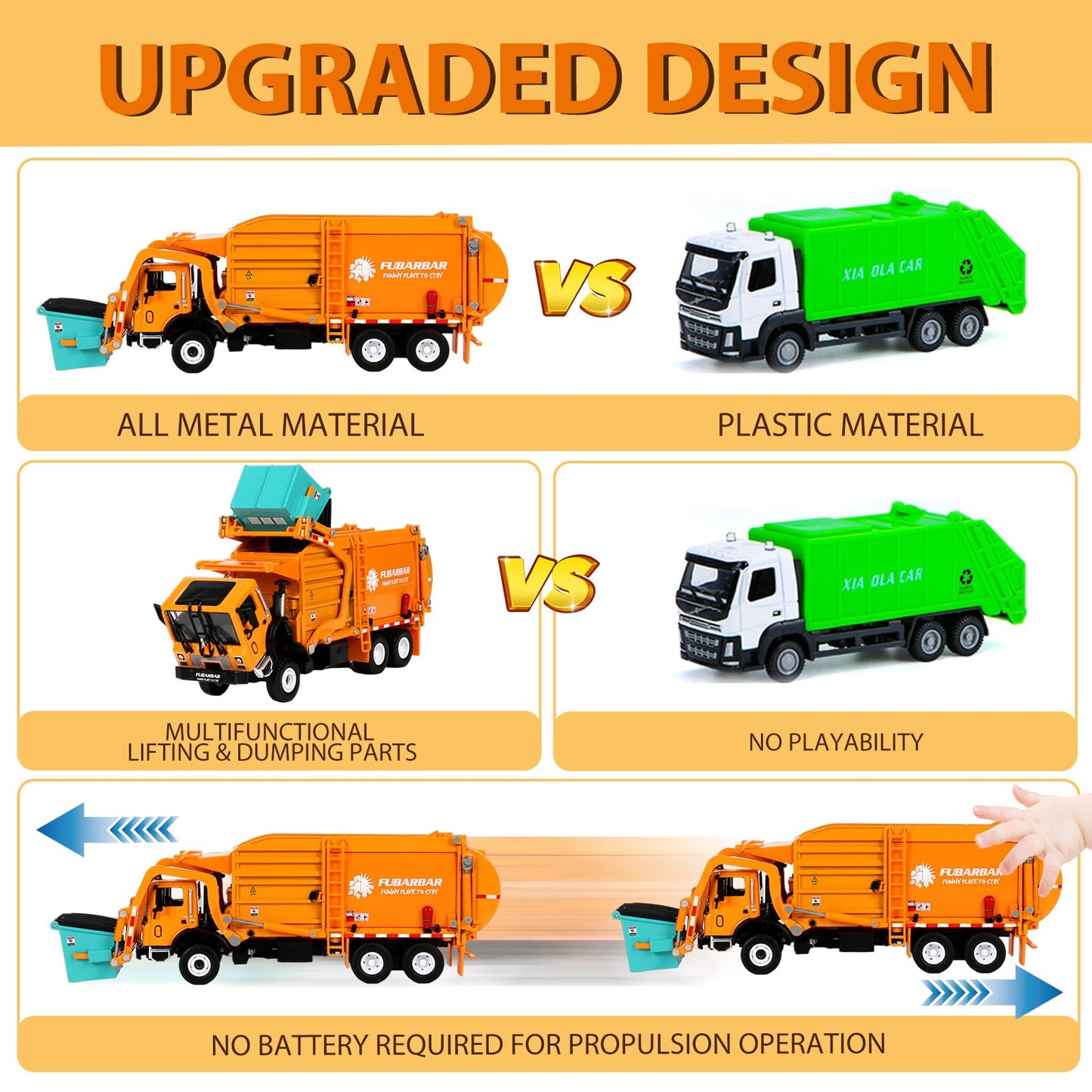 FUBARBAR Metal 1:43 Diecast Garbage Truck Toy – Pull Back, Orange