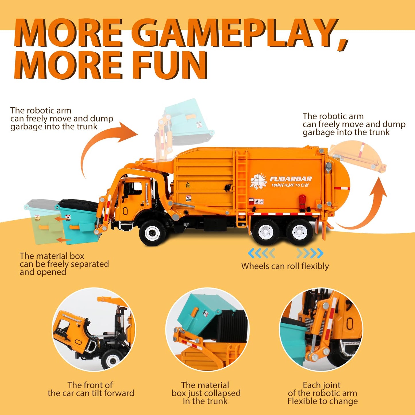 FUBARBAR Metal 1:43 Diecast Garbage Truck Toy – Pull Back, Orange