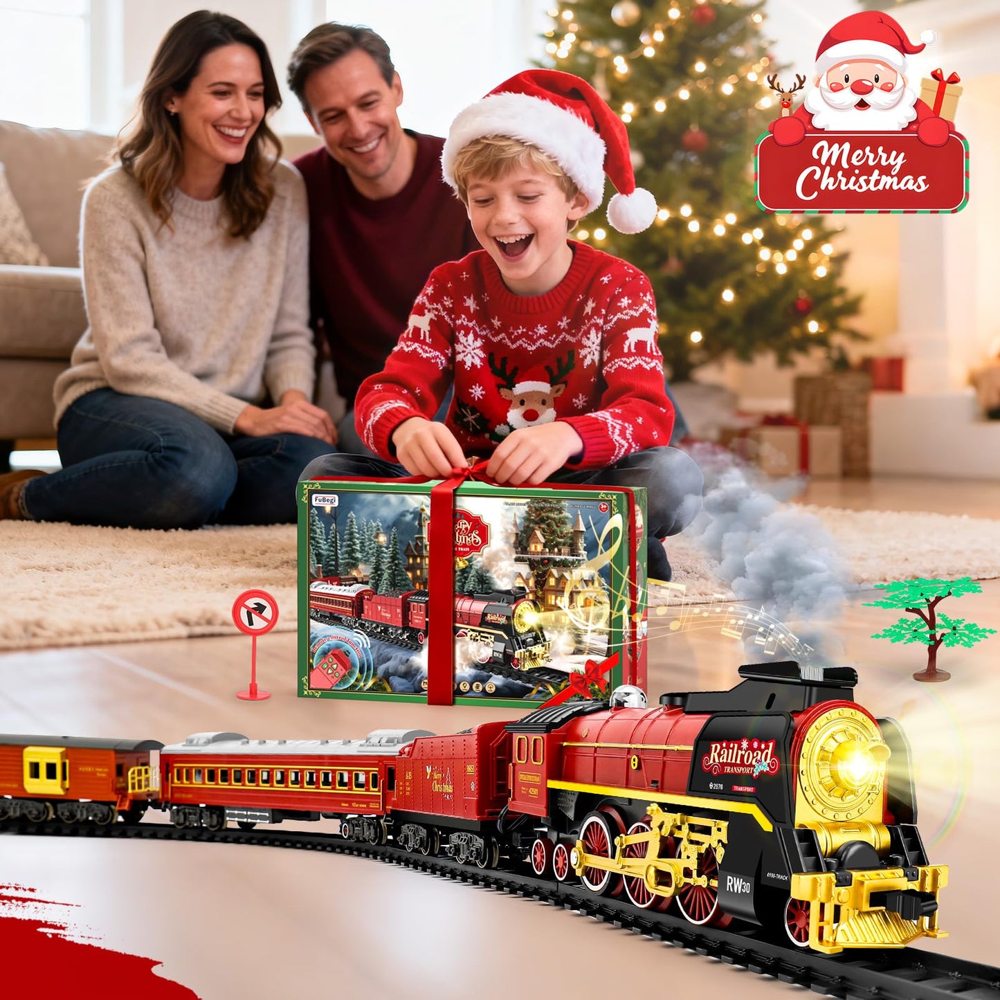 FuBegi Christmas Train Set – Remote-Controlled Steam Locomotive with Lights, Sound & Smoke