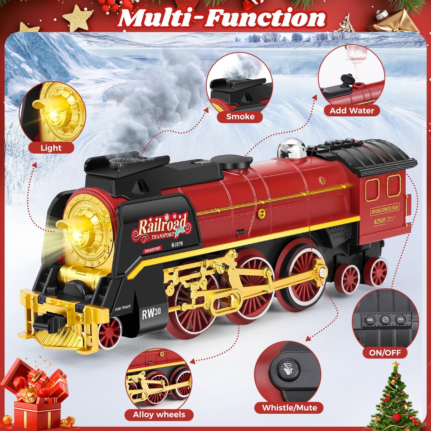 FuBegi Christmas Train Set – Remote-Controlled Steam Locomotive with Lights, Sound & Smoke