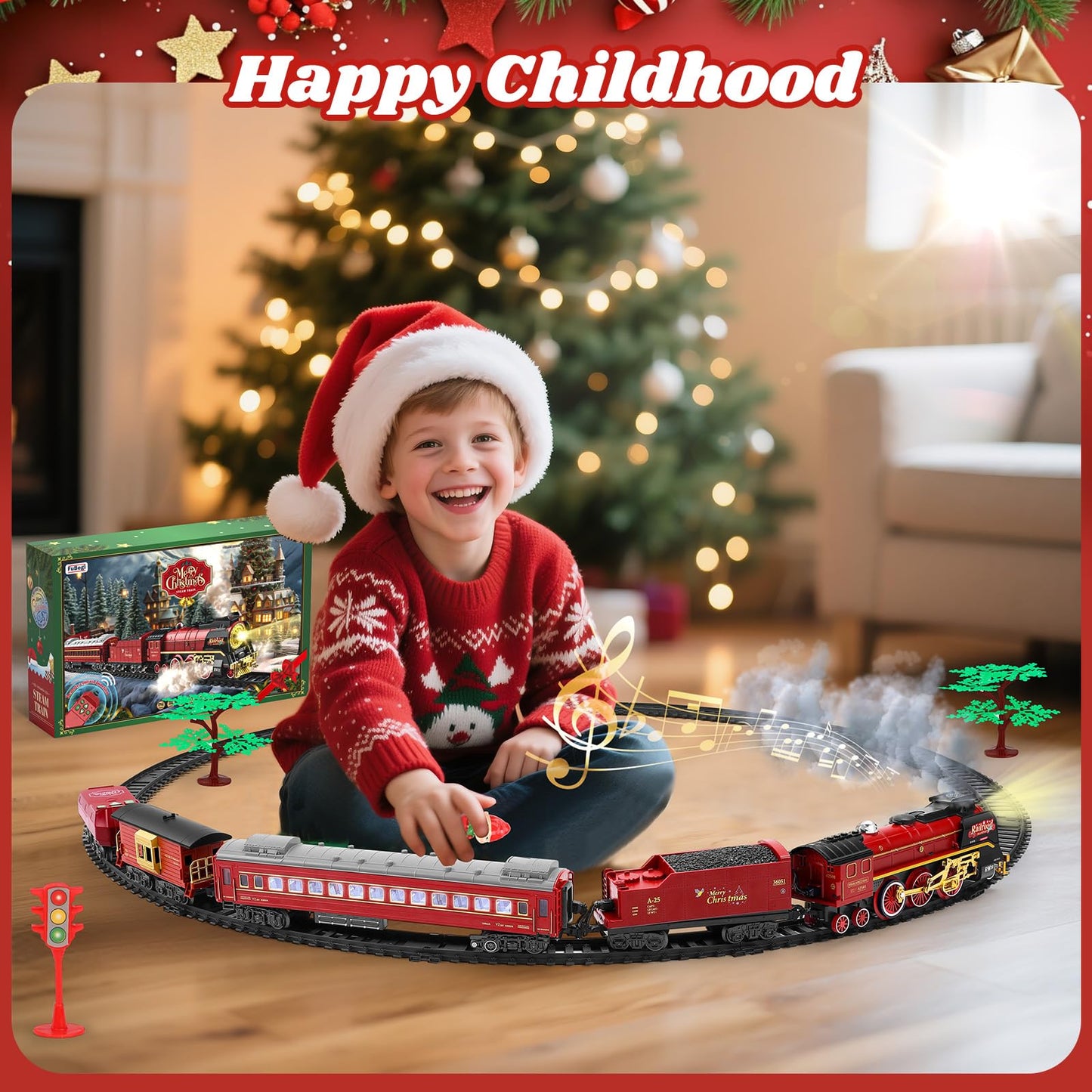 FuBegi Christmas Train Set – Remote-Controlled Steam Locomotive with Lights, Sound & Smoke