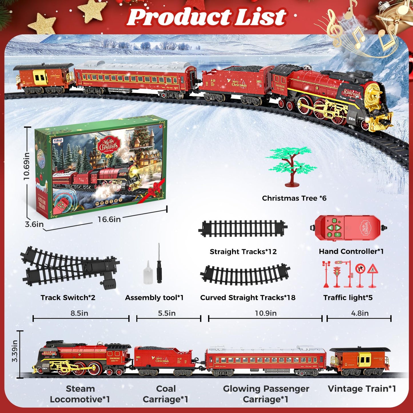 FuBegi Christmas Train Set – Remote-Controlled Steam Locomotive with Lights, Sound & Smoke