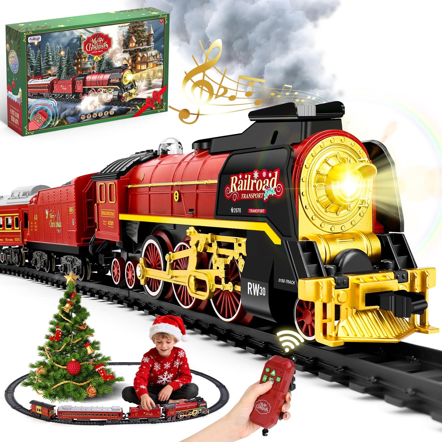 FuBegi Christmas Train Set – Remote-Controlled Steam Locomotive with Lights, Sound & Smoke