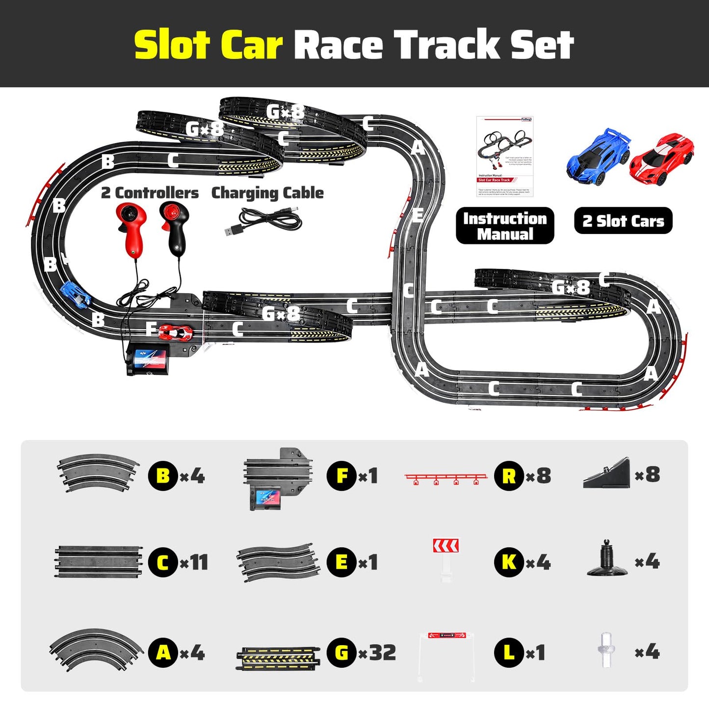 FuBegi Slot Car Track Set – 23 ft Dual-Lane Racing with 2 High-Speed Cars