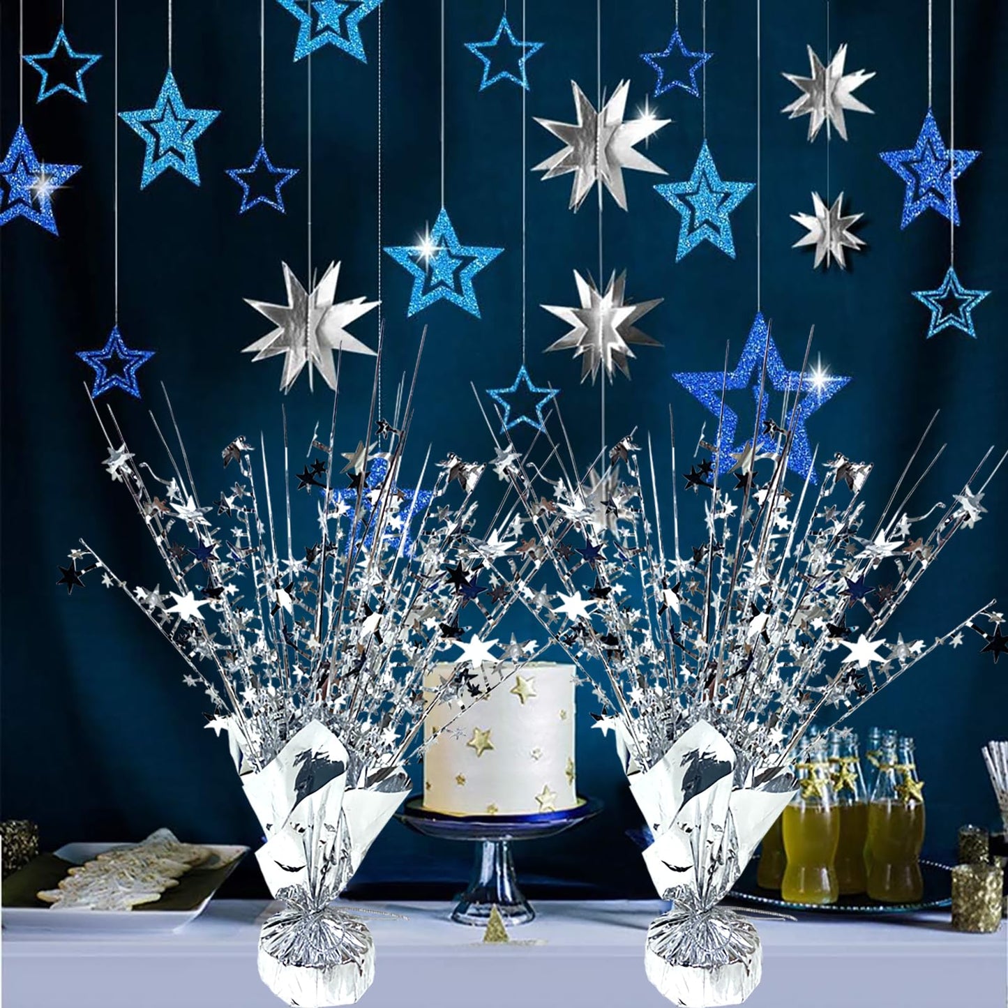 FUBININA 6 Pack Silver Star Centerpieces – Metallic Foil Spray Table Decor for Parties