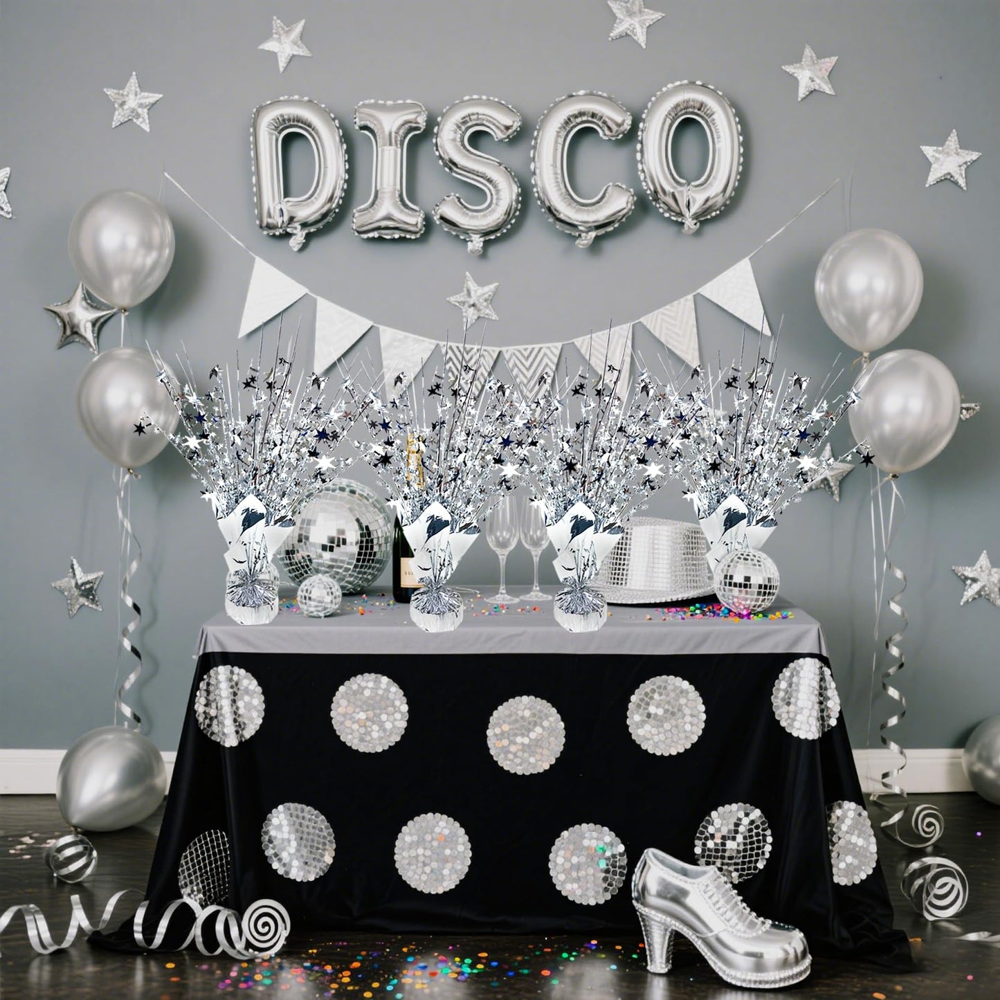 FUBININA 6 Pack Silver Star Centerpieces – Metallic Foil Spray Table Decor for Parties