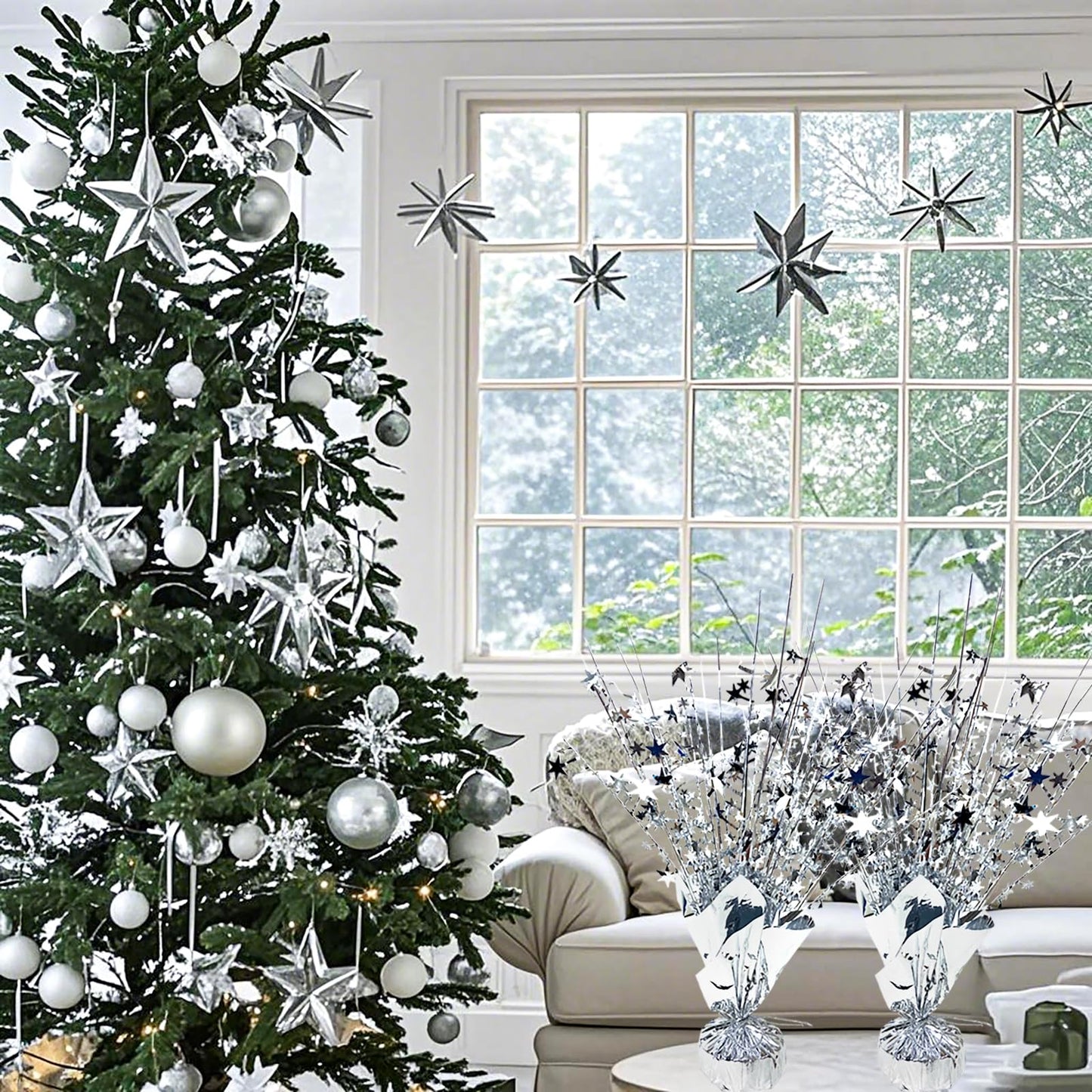 FUBININA 6 Pack Silver Star Centerpieces – Metallic Foil Spray Table Decor for Parties