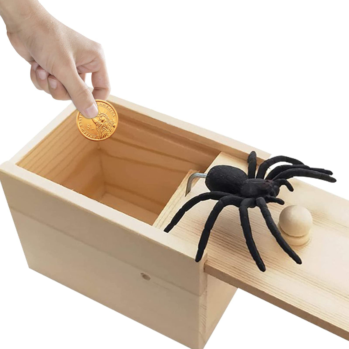 Fudragtn Fake Spider in a Box Prank Gift – Handmade Wooden Pop-Out Surprise for Halloween
