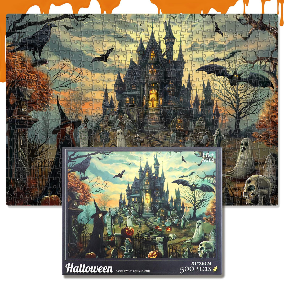 Fudragtn 500 Piece Jigsaw Puzzle for Adults – The Witch's Castle (14x20 inches) – Eco-Friendly Halloween Gift
