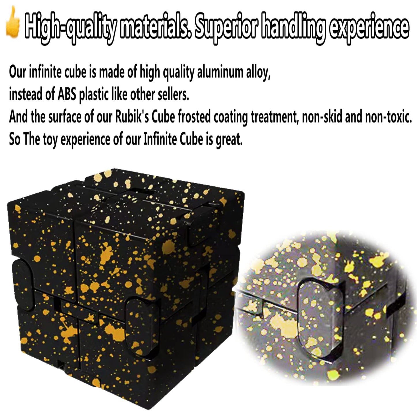 FUFUYOU Metal Infinity Cube — Aluminum Alloy Fidget Toy for Anxiety & Focus (Black & Yellow)
