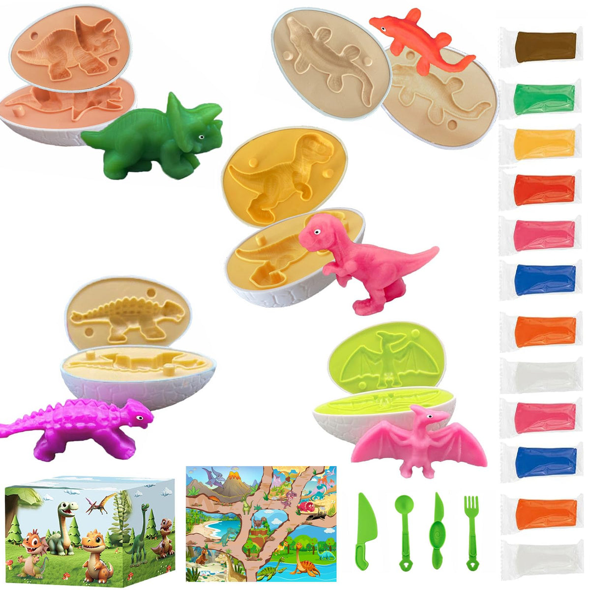 Fuijeuj Playdough Dinosaur Eggs Set – 5 Molds, 12 Colors for Kids Aged 4-8