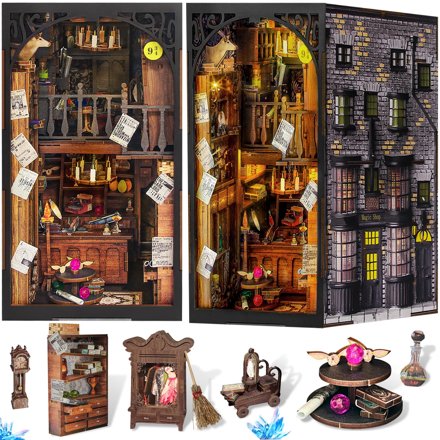 Fuiltee DIY Book Nook Kit — 3D Wooden Puzzle with LED Lights, Dust Cover, and Desk Decor