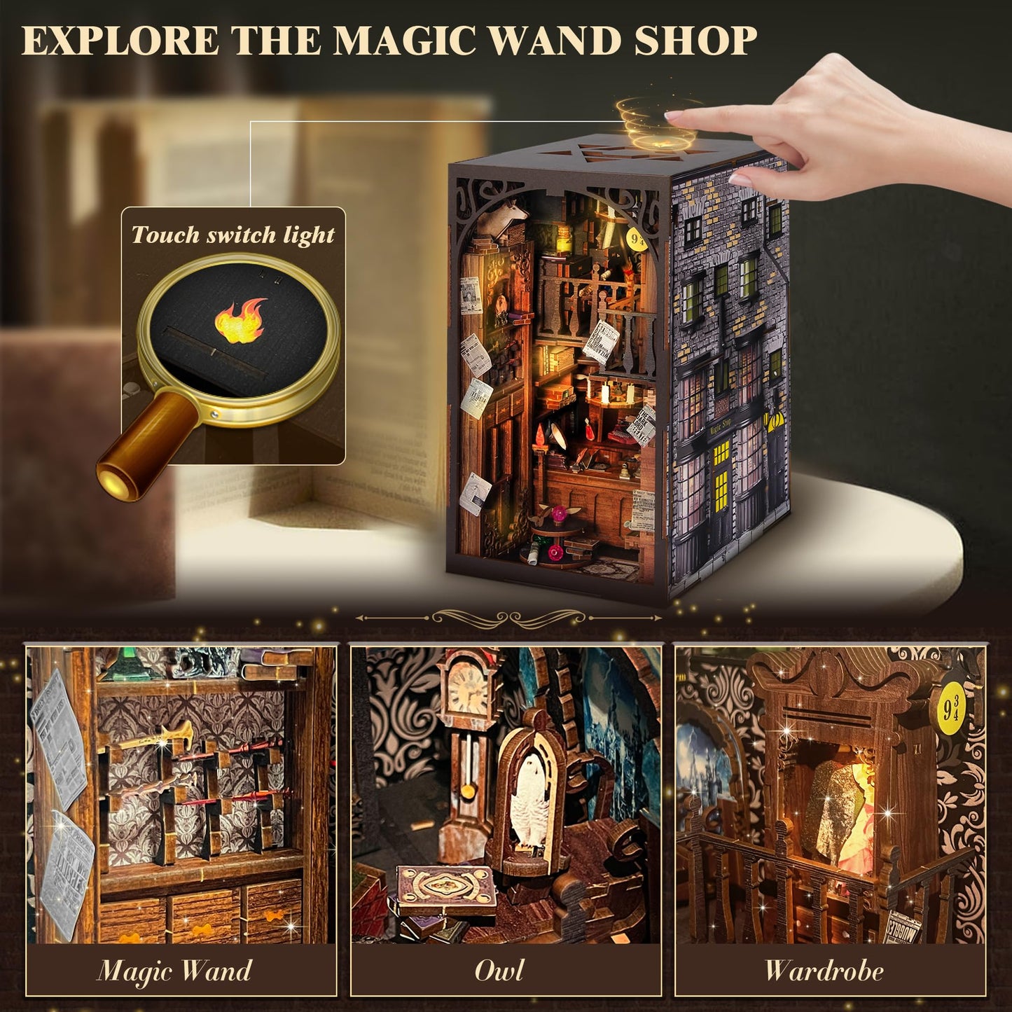 Fuiltee DIY Book Nook Kit — 3D Wooden Puzzle with LED Lights, Dust Cover, and Desk Decor