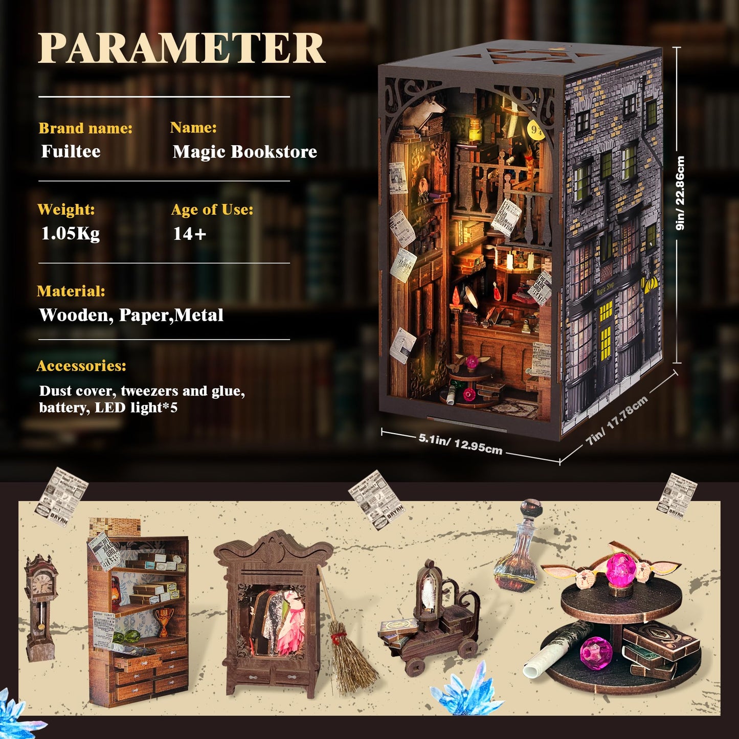 Fuiltee DIY Book Nook Kit — 3D Wooden Puzzle with LED Lights, Dust Cover, and Desk Decor