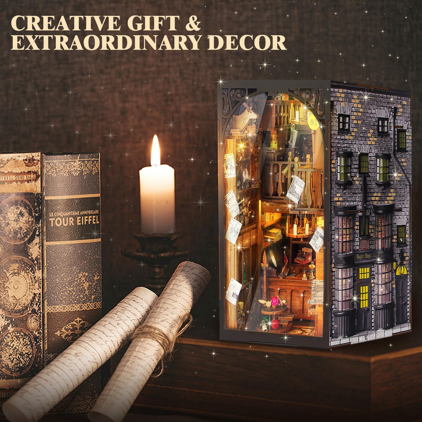 Fuiltee DIY Book Nook Kit — 3D Wooden Puzzle with LED Lights, Dust Cover, and Desk Decor