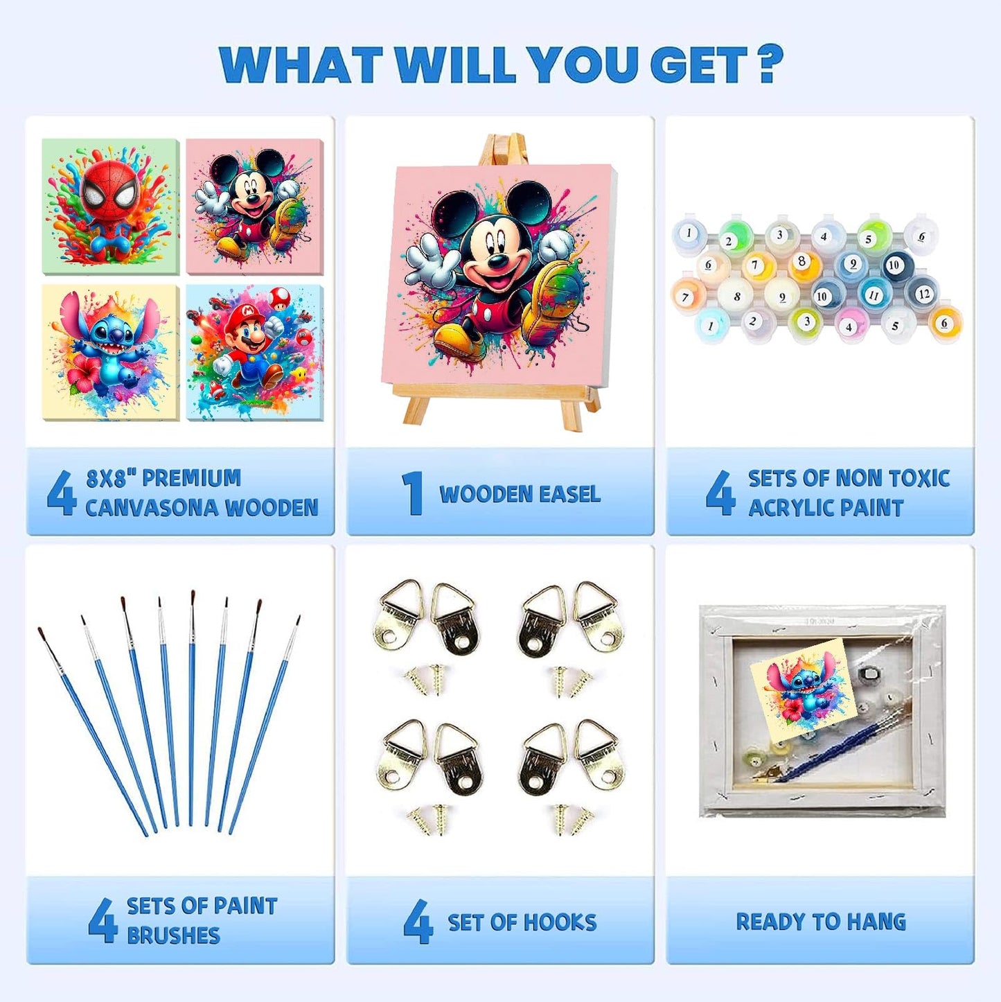 Fuinkqe 4 Packs Cartoon Paint by Numbers Kits for Kids – Framed 8x8 Canvas, DIY Easy Painting with Wooden Easel