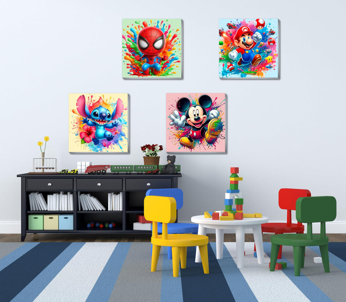 Fuinkqe 4 Packs Cartoon Paint by Numbers Kits for Kids – Framed 8x8 Canvas, DIY Easy Painting with Wooden Easel