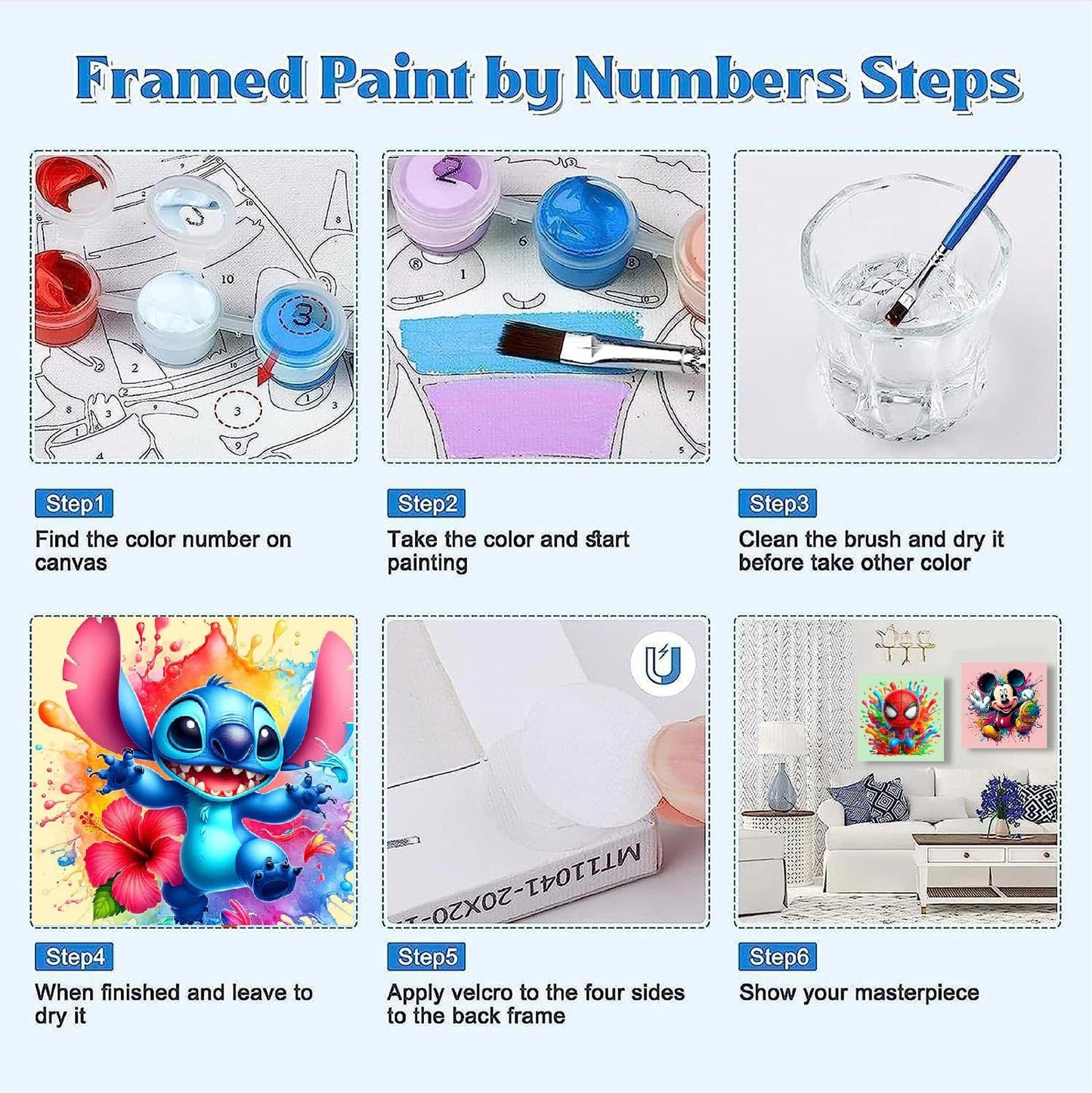Fuinkqe 4 Packs Cartoon Paint by Numbers Kits for Kids – Framed 8x8 Canvas, DIY Easy Painting with Wooden Easel