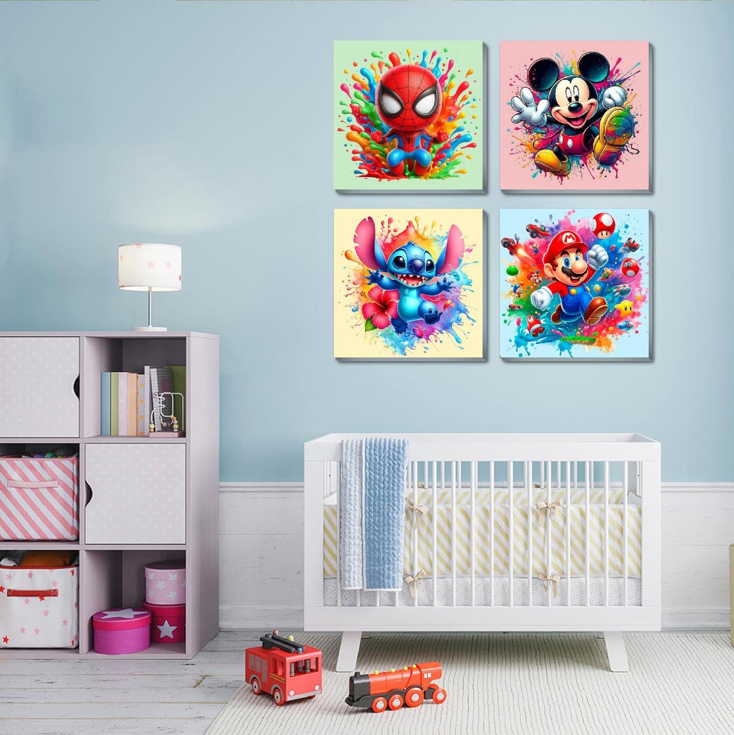 Fuinkqe 4 Packs Cartoon Paint by Numbers Kits for Kids – Framed 8x8 Canvas, DIY Easy Painting with Wooden Easel
