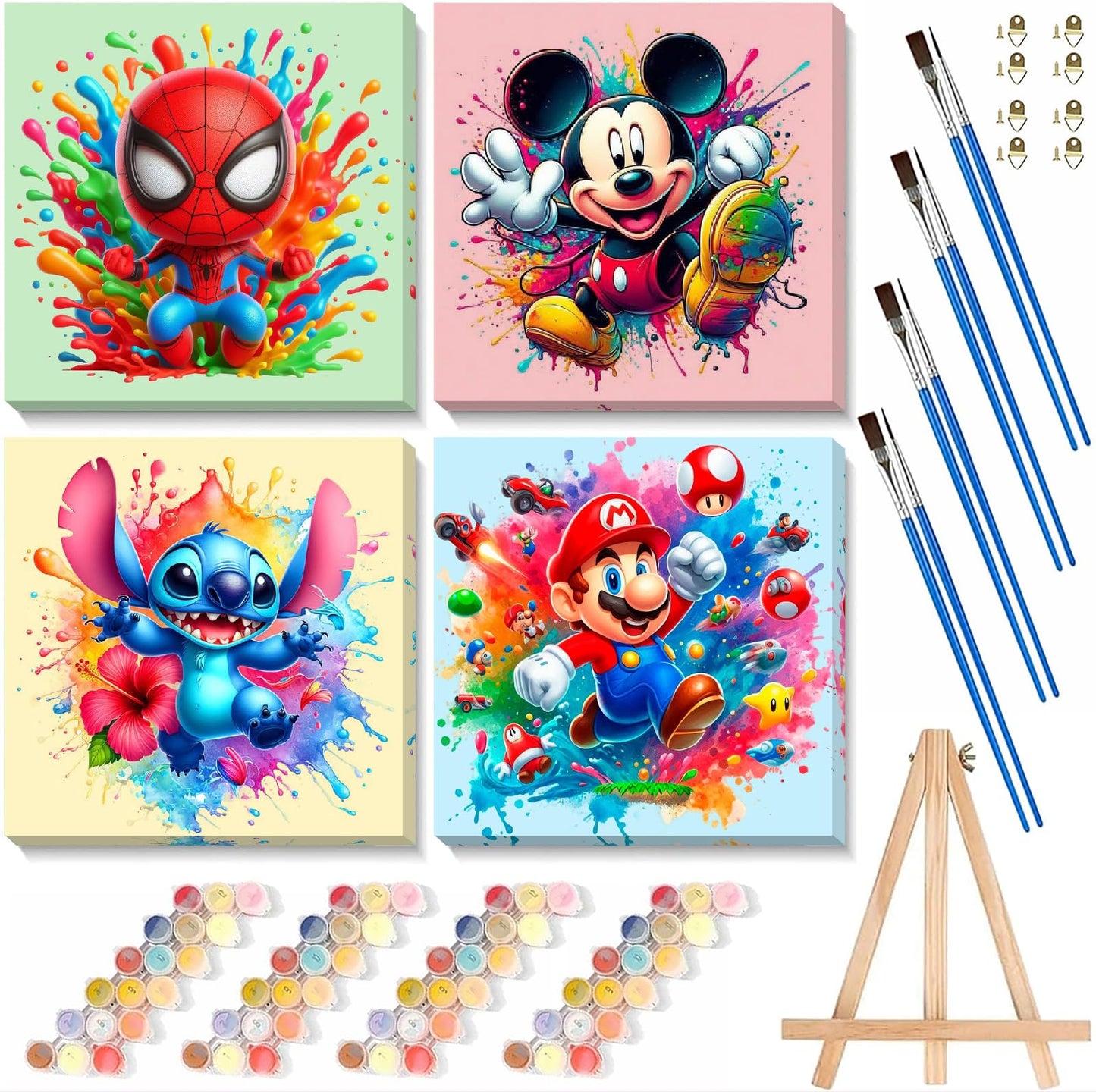 Fuinkqe 4 Packs Cartoon Paint by Numbers Kits for Kids – Framed 8x8 Canvas, DIY Easy Painting with Wooden Easel