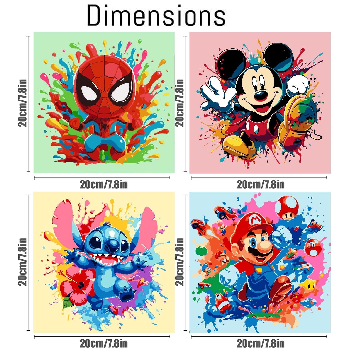 Fuinkqe 4 Packs Cartoon Paint by Numbers Kits for Kids – Framed 8x8 Canvas, DIY Easy Painting with Wooden Easel