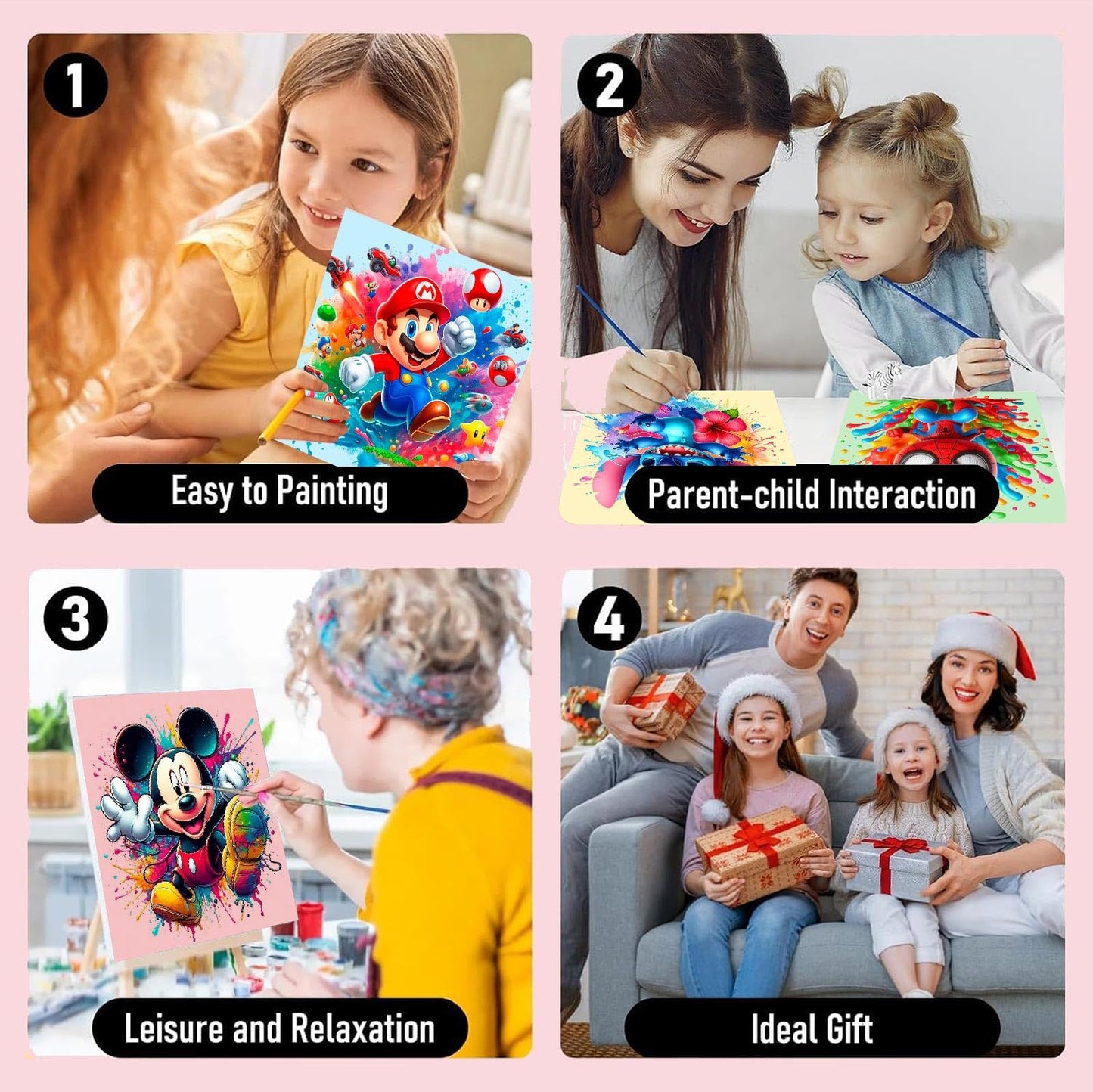 Fuinkqe 4 Packs Cartoon Paint by Numbers Kits for Kids – Framed 8x8 Canvas, DIY Easy Painting with Wooden Easel