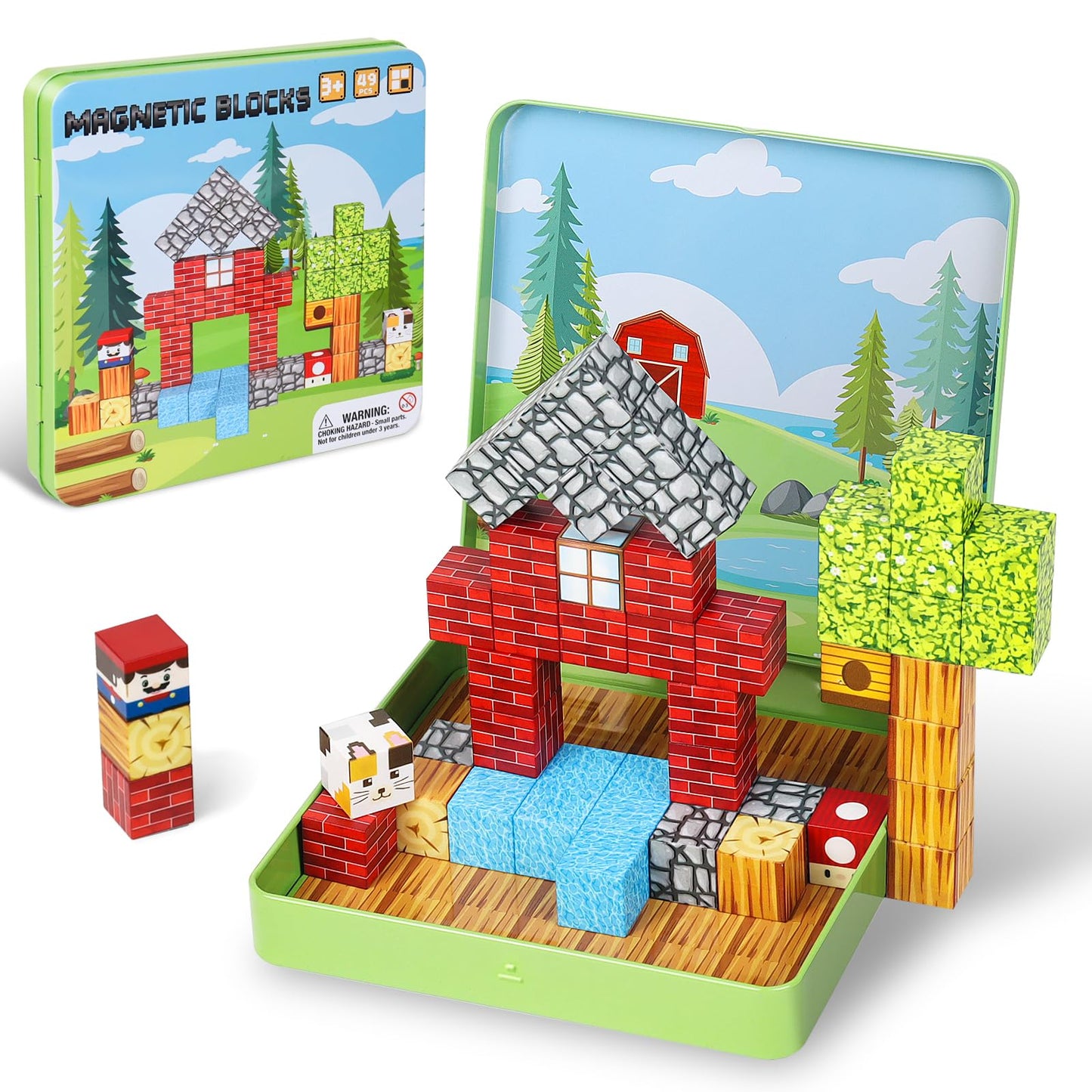 Fuliuyu 49-Piece Mini Magnetic Blocks Travel Set — Portable Box, STEM Toys for Kids 3-8