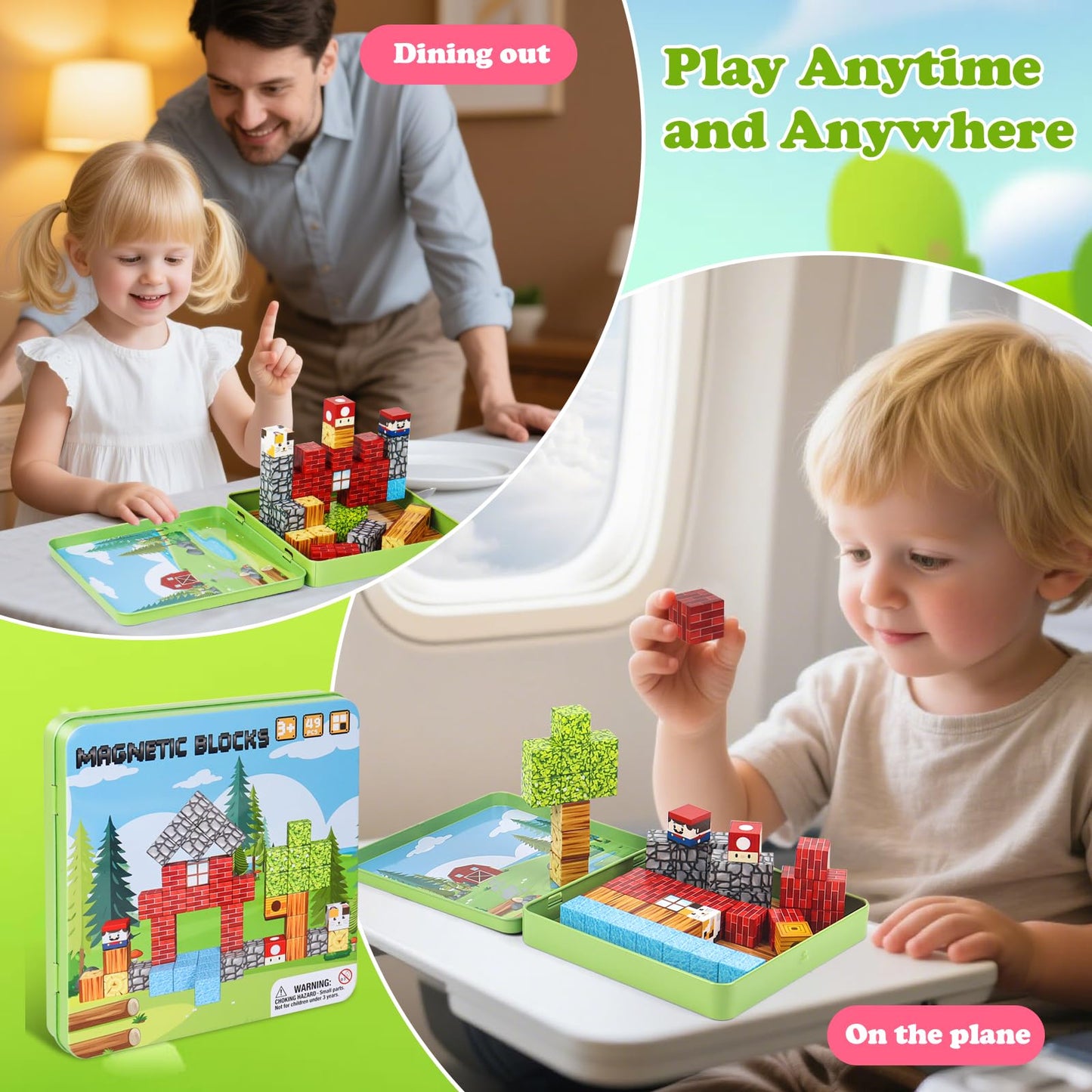 Fuliuyu 49-Piece Mini Magnetic Blocks Travel Set — Portable Box, STEM Toys for Kids 3-8
