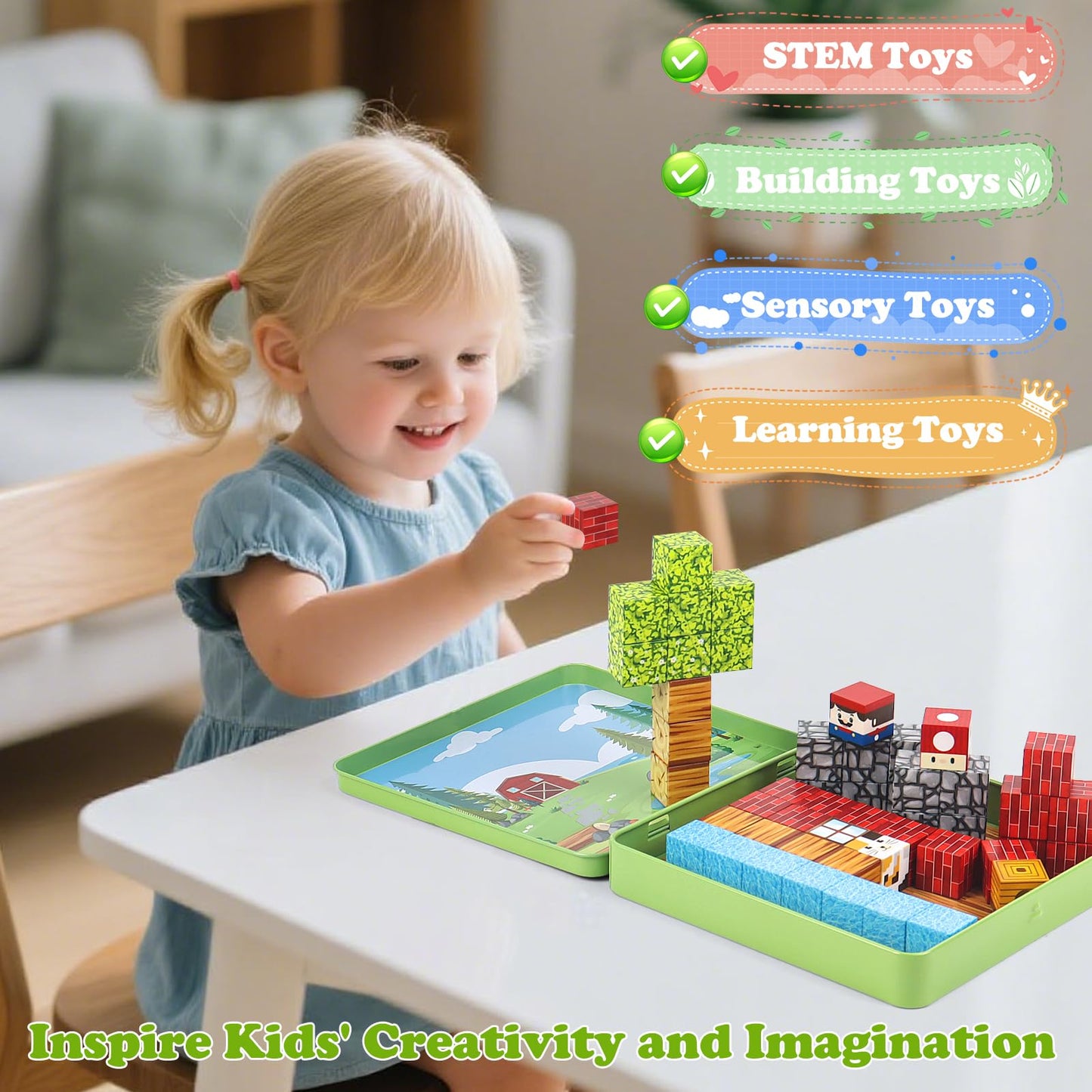 Fuliuyu 49-Piece Mini Magnetic Blocks Travel Set — Portable Box, STEM Toys for Kids 3-8
