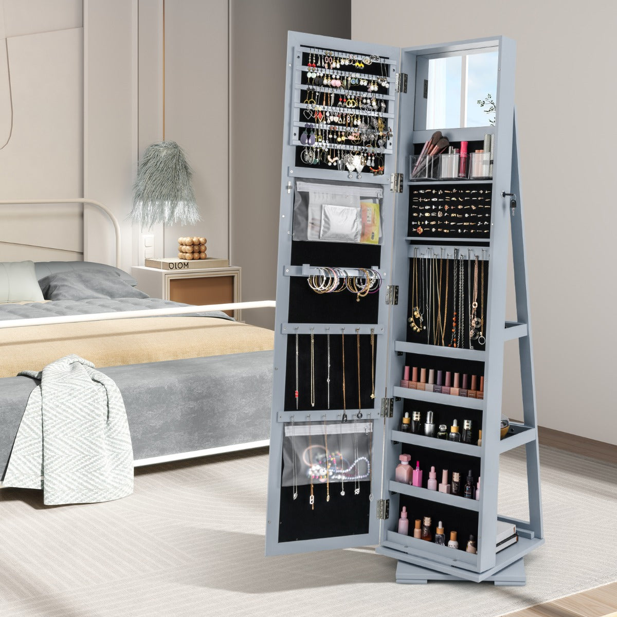 Full Length Mirrored Jewellery Cabinet Rotates 360° with Open Display Shelves-Brown