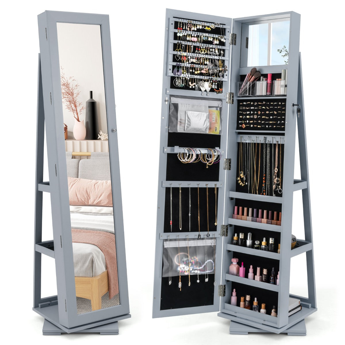 Full Length Mirrored Jewellery Cabinet Rotates 360° with Open Display Shelves-Brown