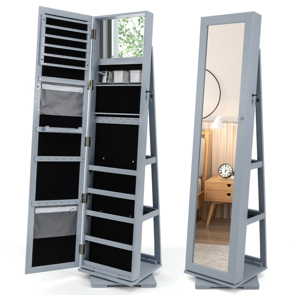 Full Length Mirrored Jewellery Cabinet Rotates 360° with Open Display Shelves-Brown