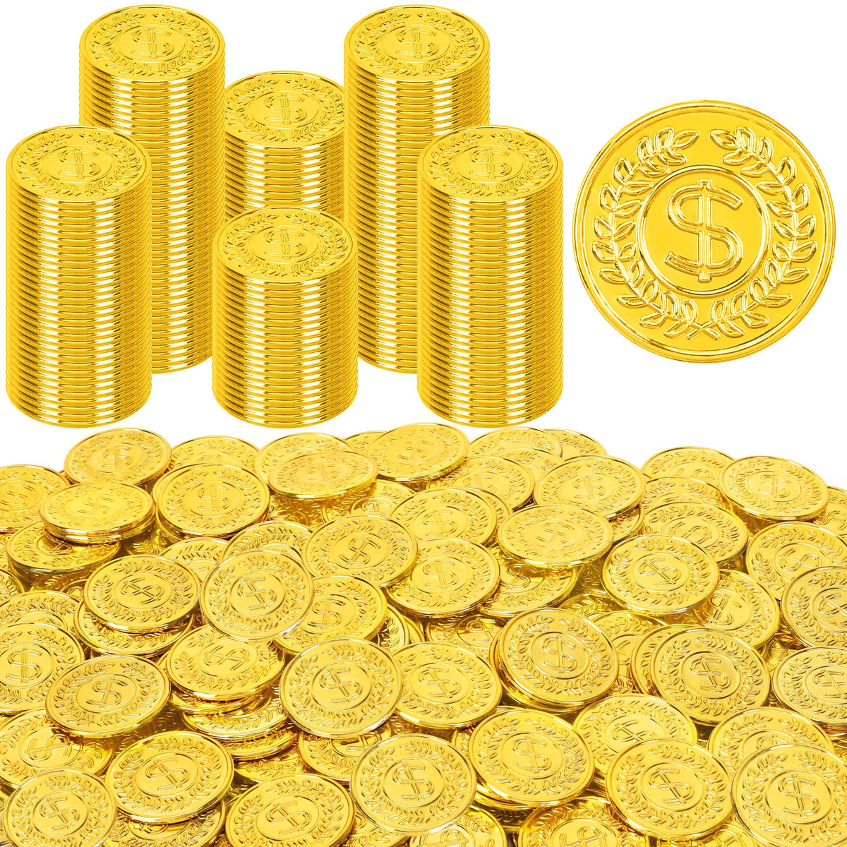 FULLIVE 120 Pcs Plastic Gold Coins – 1.4 in Pirate Treasure Tokens for Kids & Parties