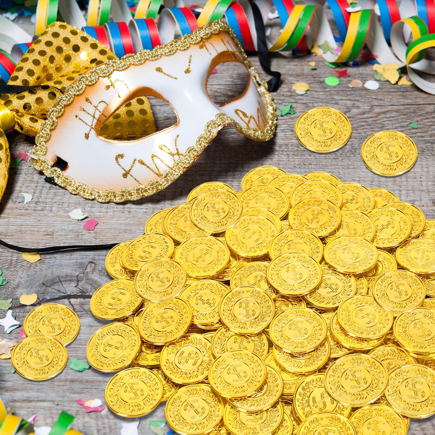 FULLIVE 120 Pcs Plastic Gold Coins – 1.4 in Pirate Treasure Tokens for Kids & Parties
