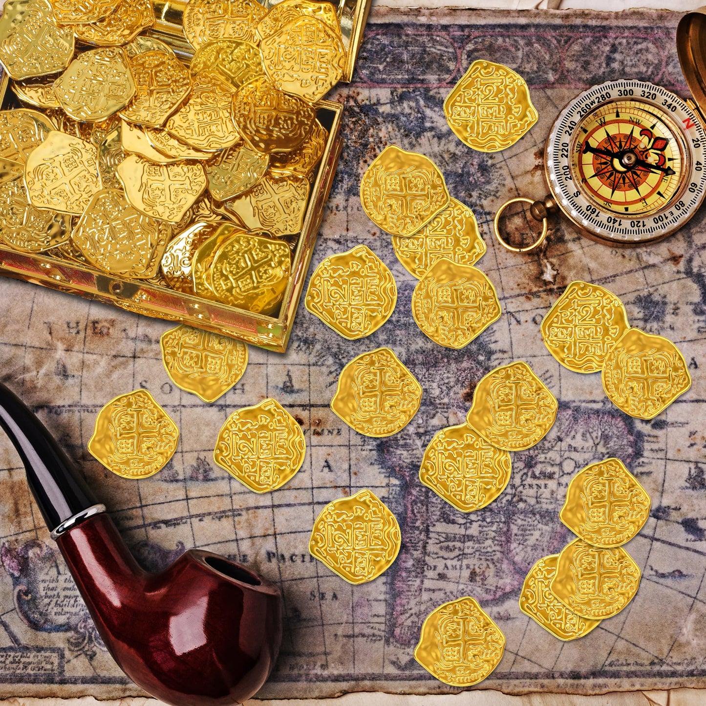 FULLIVE 120 PCS Pirate Coins – Plastic Gold Doubloons for Kids, Treasure Hunts & Pirate Party Decor