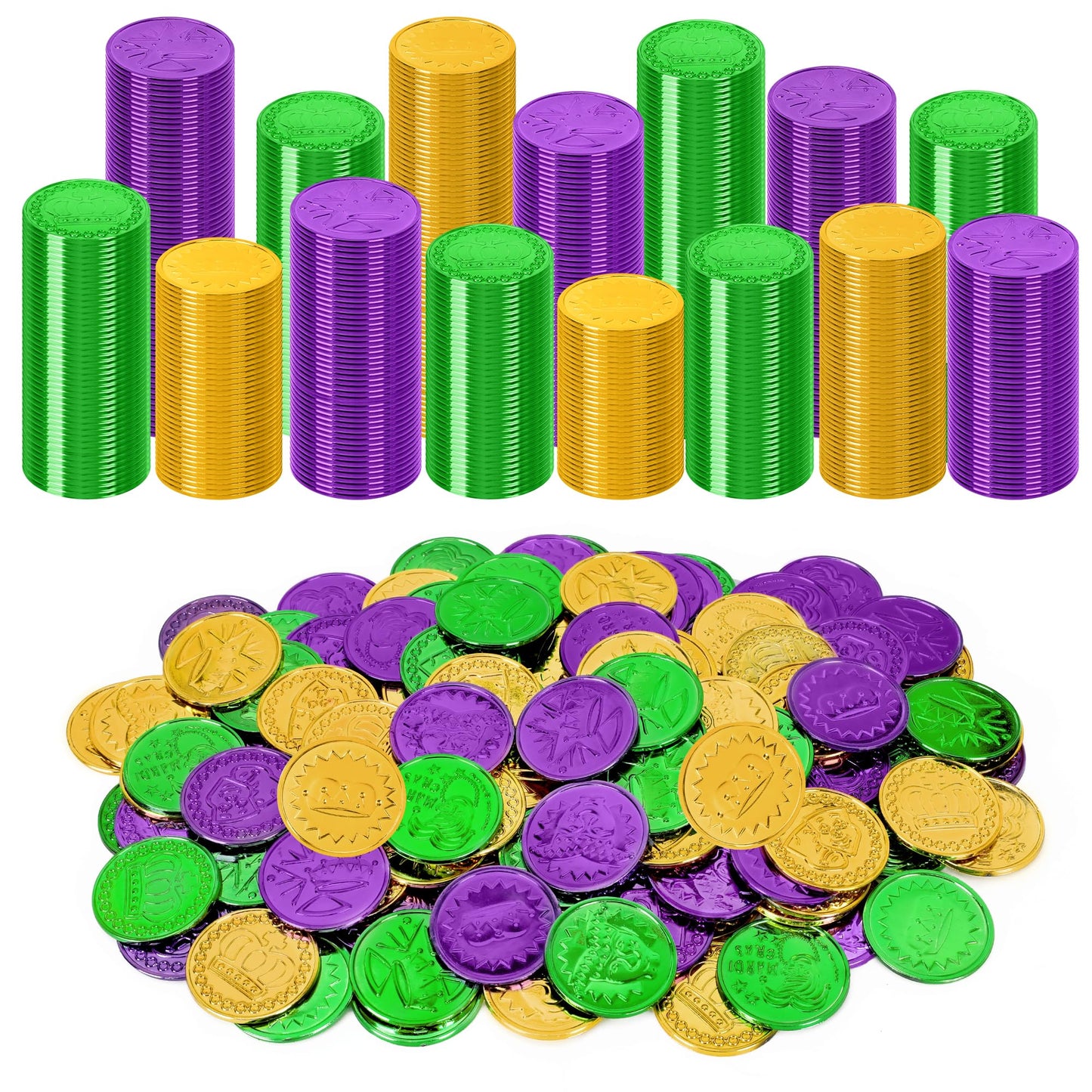 FULLIVE 300 PCS Mardi Gras Coins Set — 1.4 in Plastic Tokens in Purple, Gold & Green | Parade & Party Decor