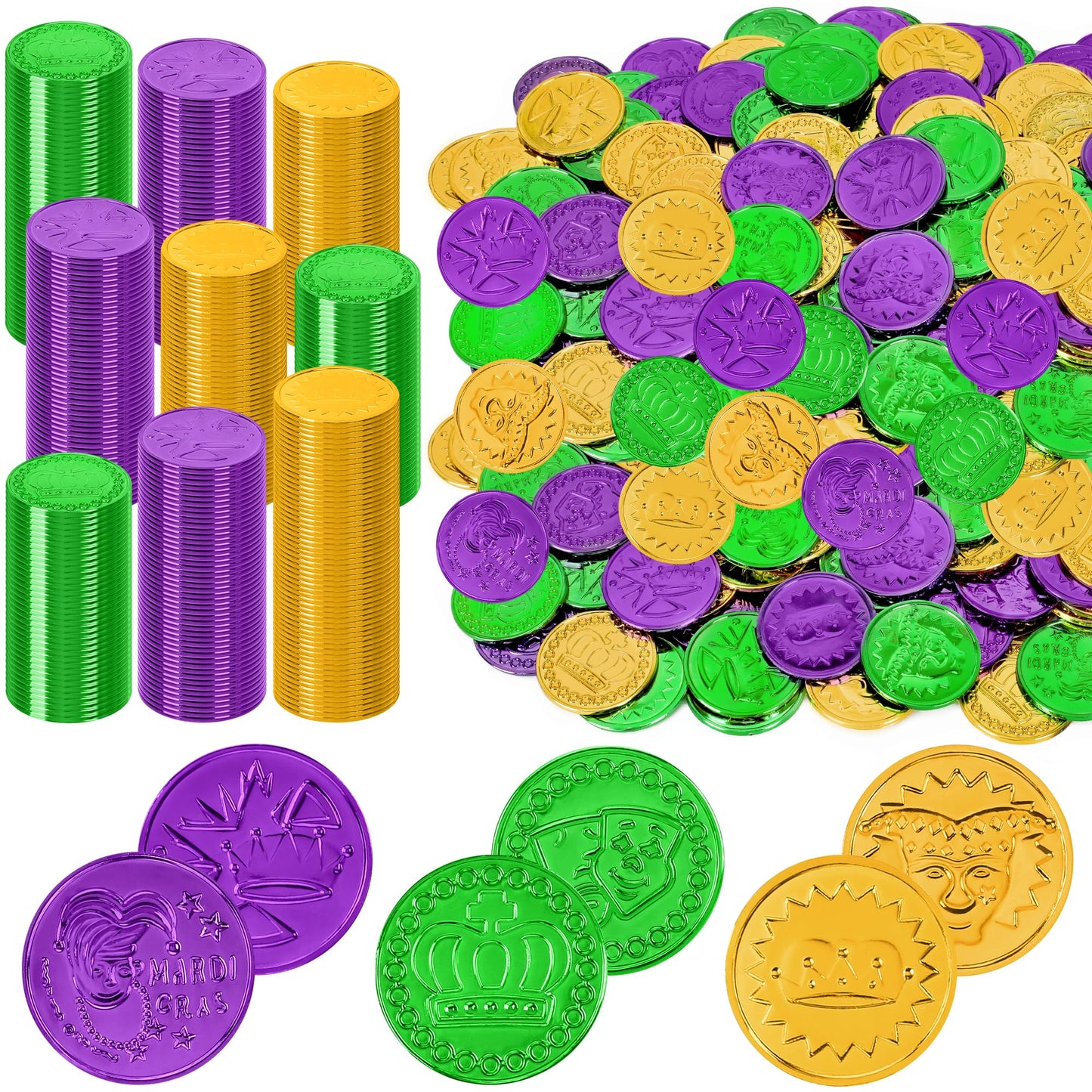 FULLIVE 120 PCS Mardi Gras Coins – 1.4-in Plastic Tokens in Purple, Gold & Green