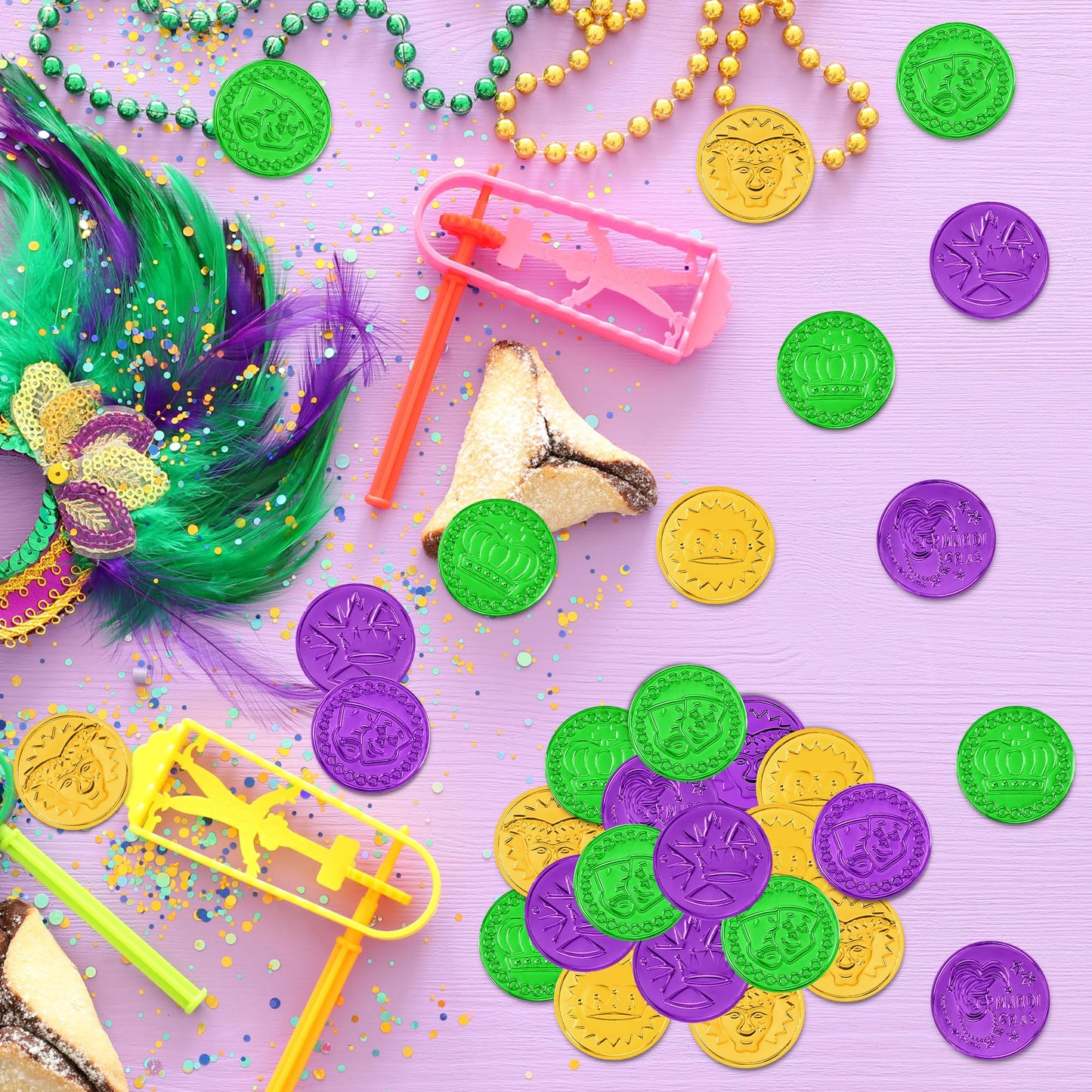 FULLIVE 200 Pcs Mardi Gras Decorations – 1.4in Purple Gold Green Coins with Masks and Crown Designs