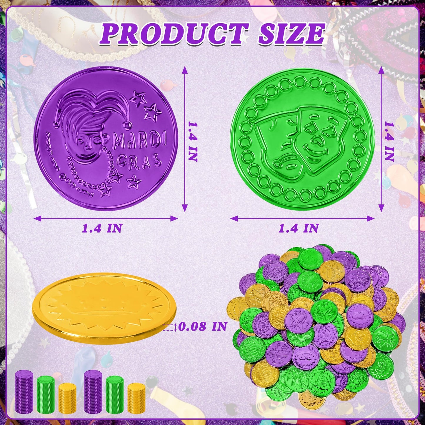 FULLIVE 200 Pcs Mardi Gras Decorations – 1.4in Purple Gold Green Coins with Masks and Crown Designs