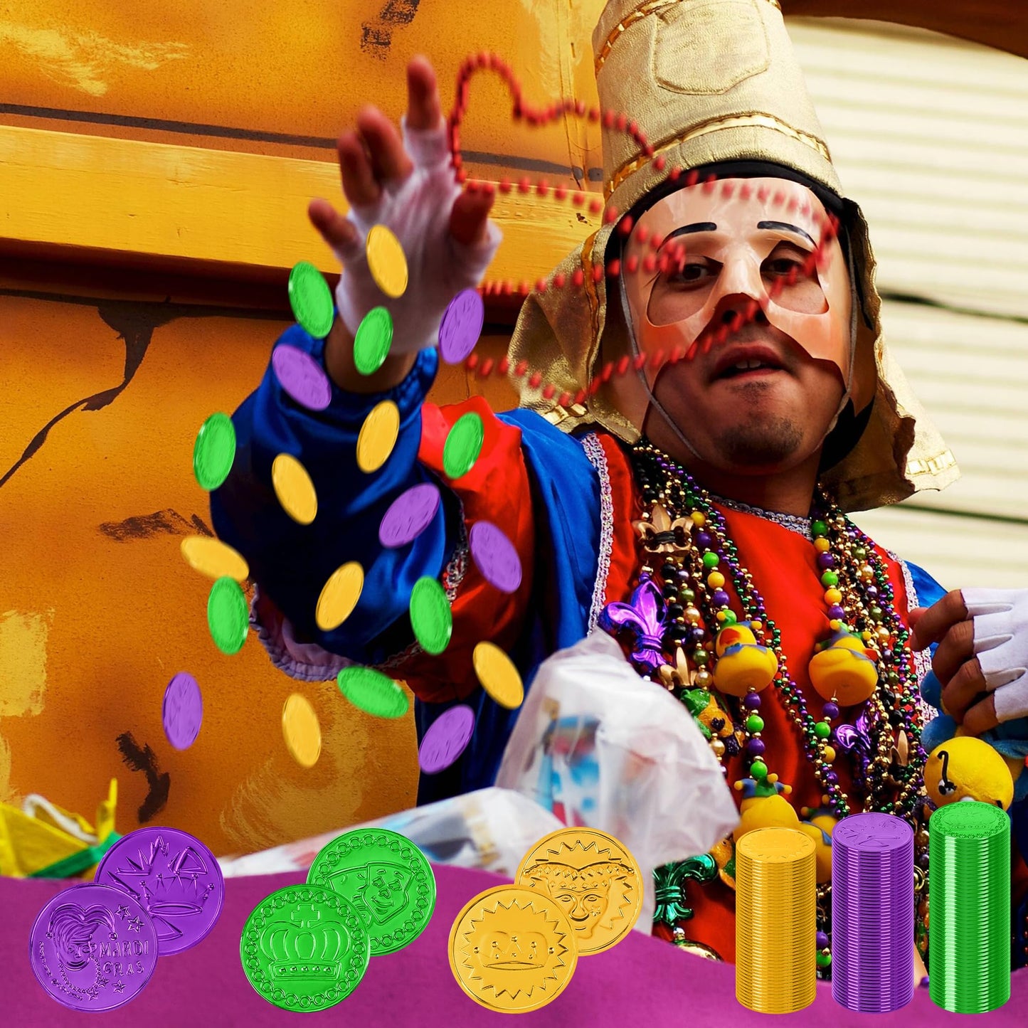 FULLIVE 200 Pcs Mardi Gras Decorations – 1.4in Purple Gold Green Coins with Masks and Crown Designs
