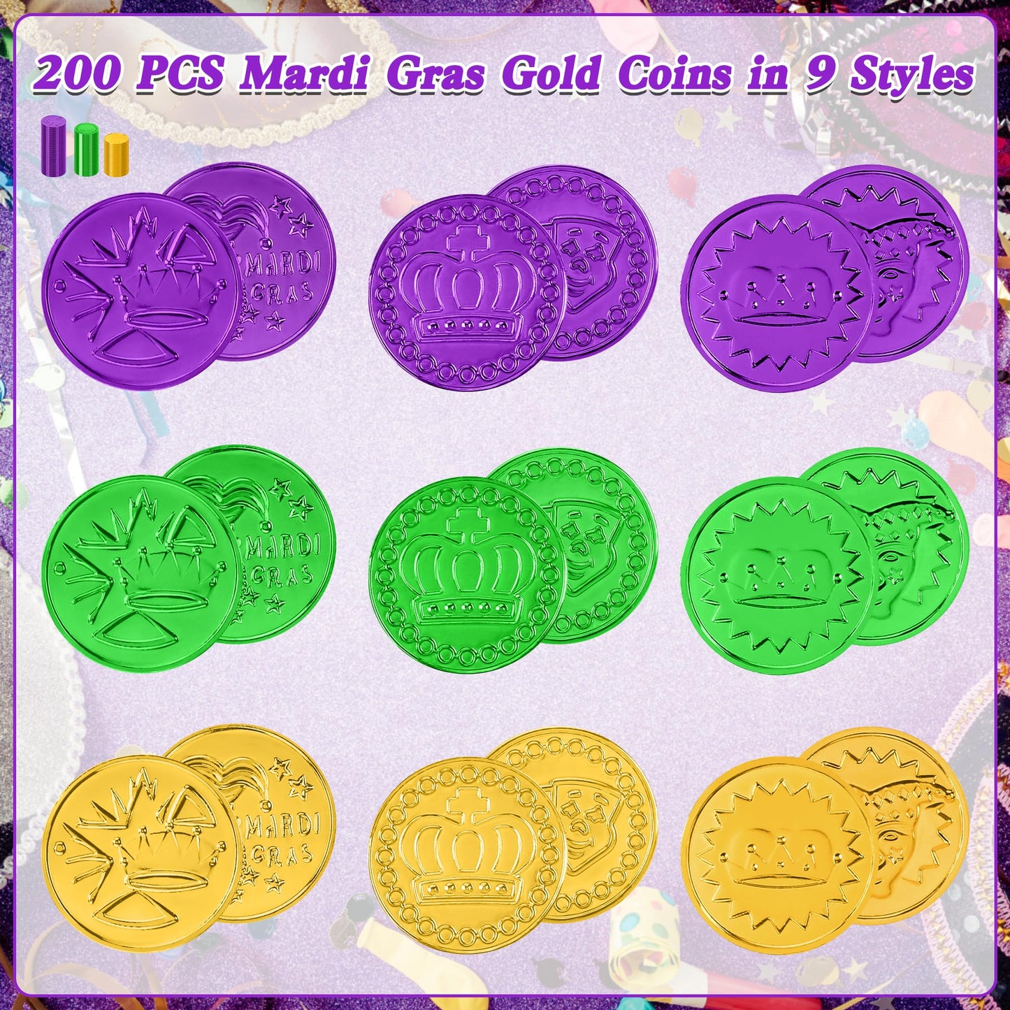 FULLIVE 200 Pcs Mardi Gras Decorations – 1.4in Purple Gold Green Coins with Masks and Crown Designs