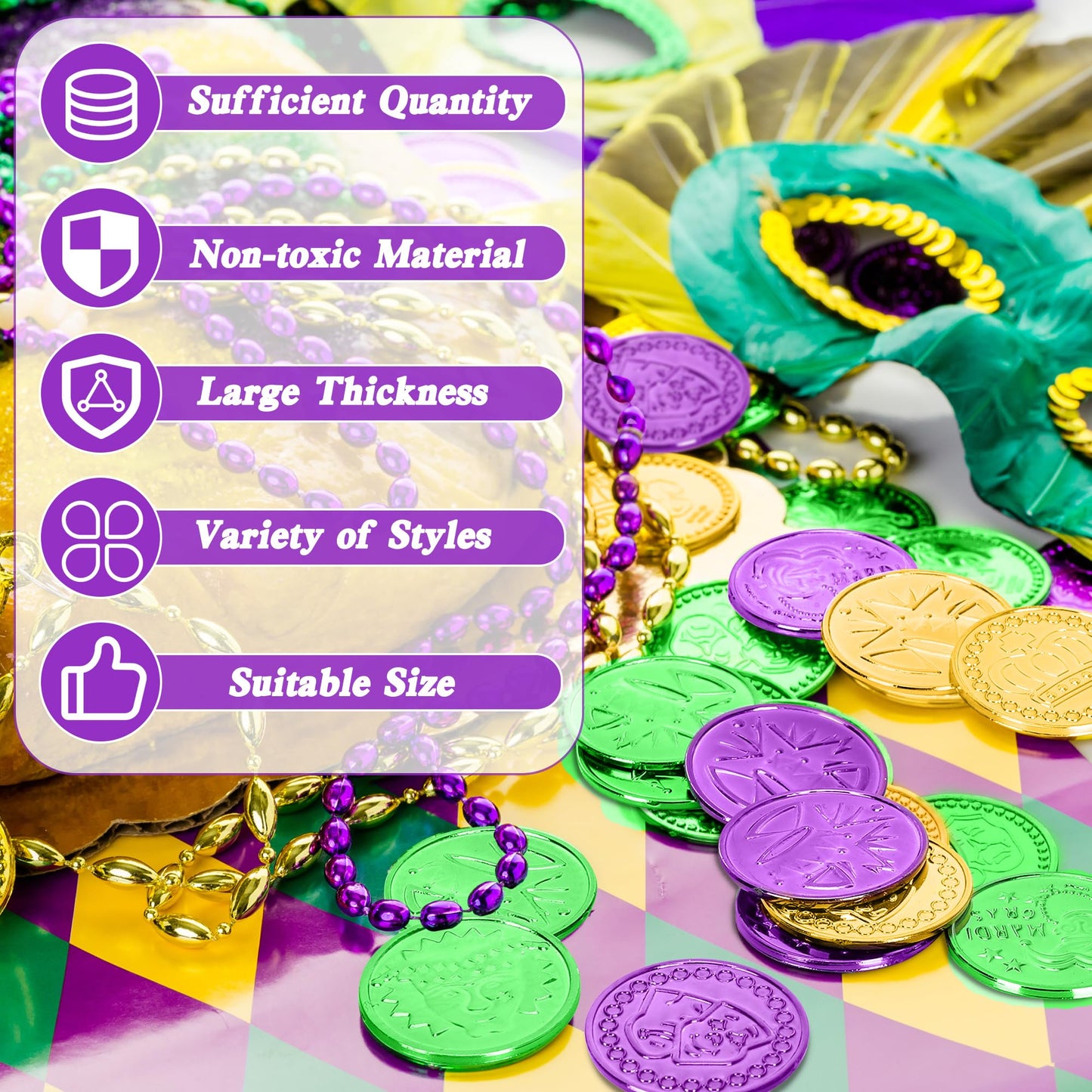FULLIVE 200 Pcs Mardi Gras Decorations – 1.4in Purple Gold Green Coins with Masks and Crown Designs